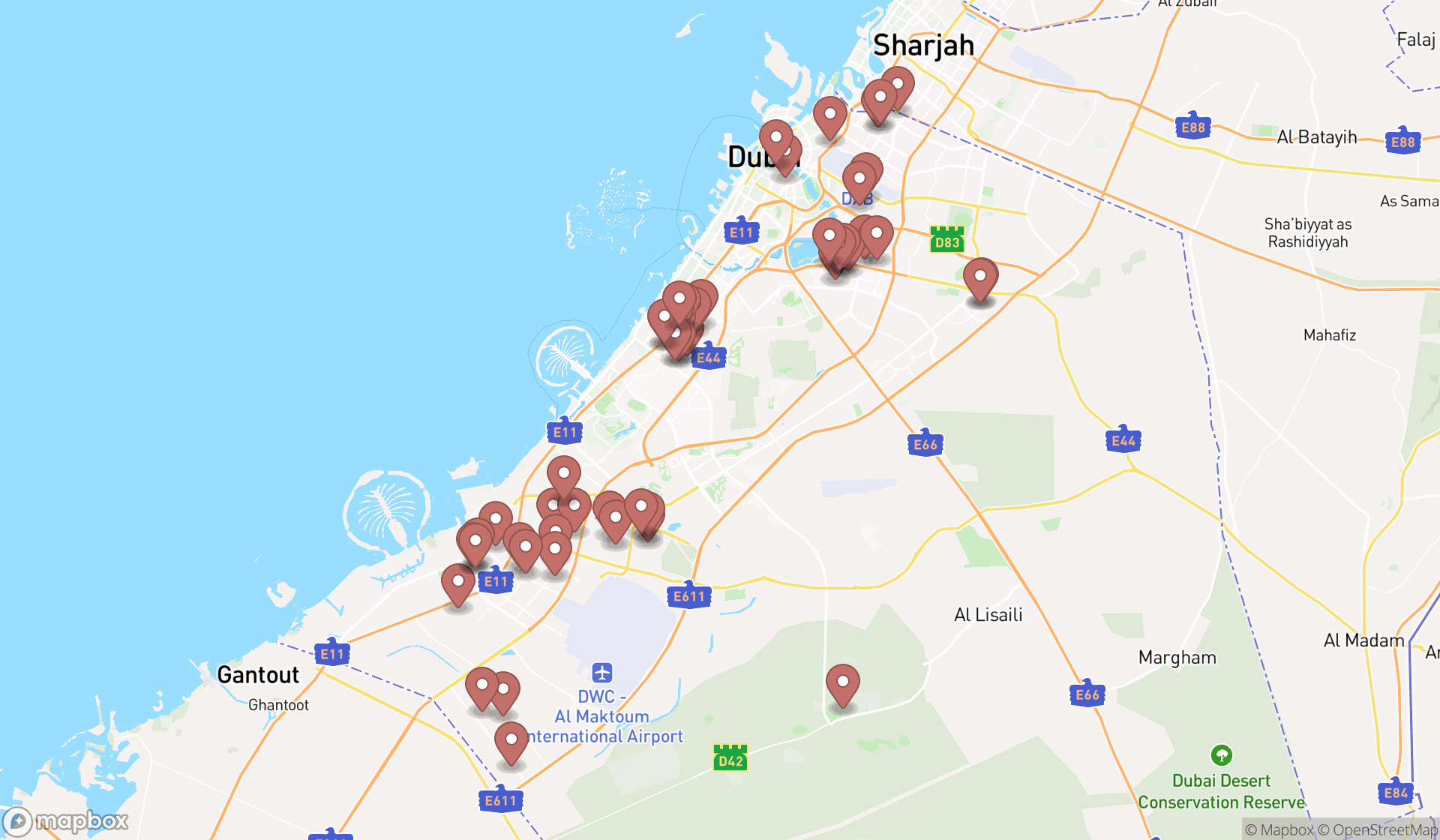 Map showing the search results in Dubai