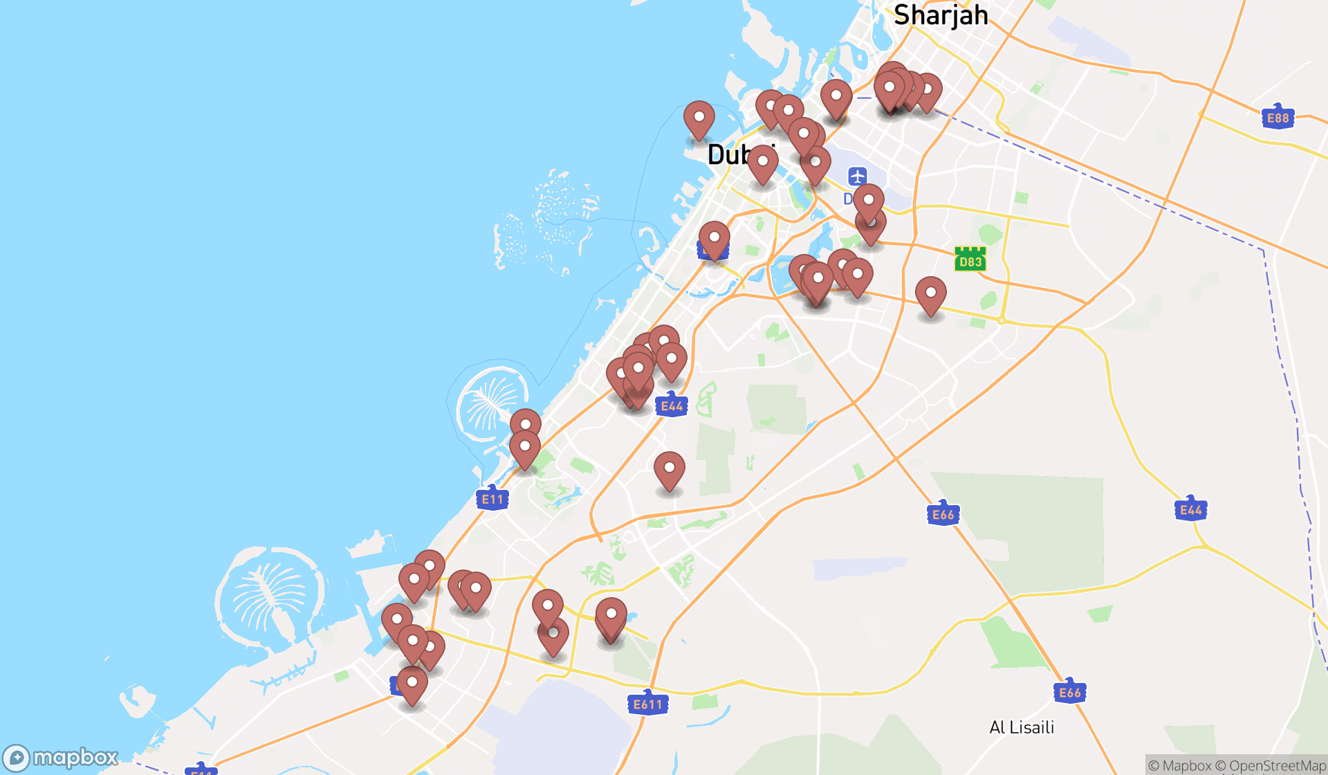 Map showing the search results in Dubai