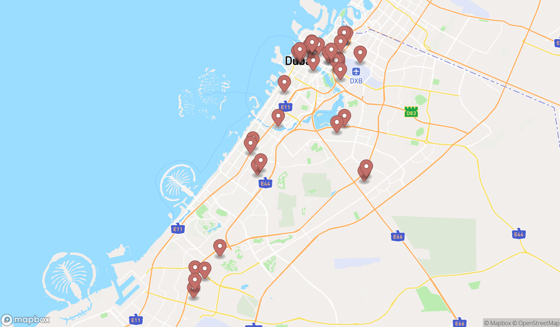 Map showing the search results in Dubai