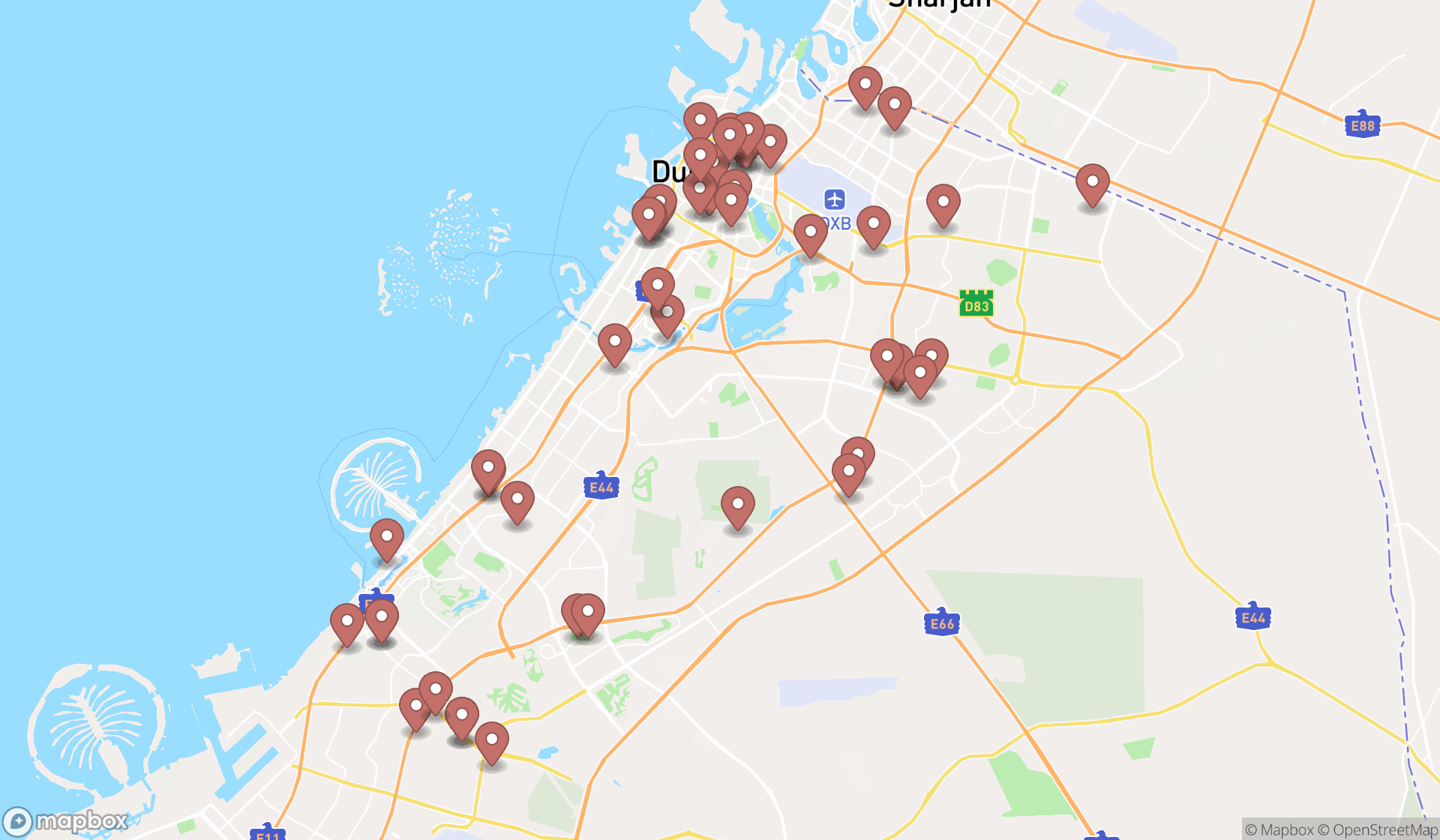Map showing the search results in Dubai