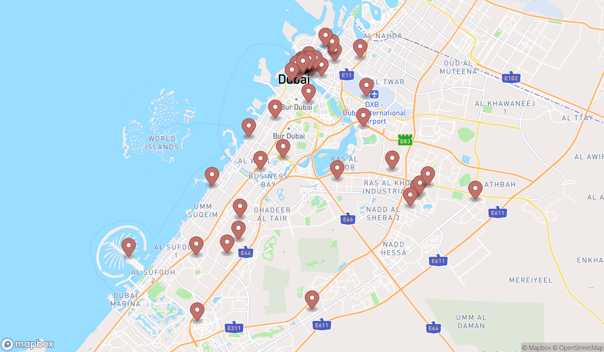 Map showing the search results in Dubai