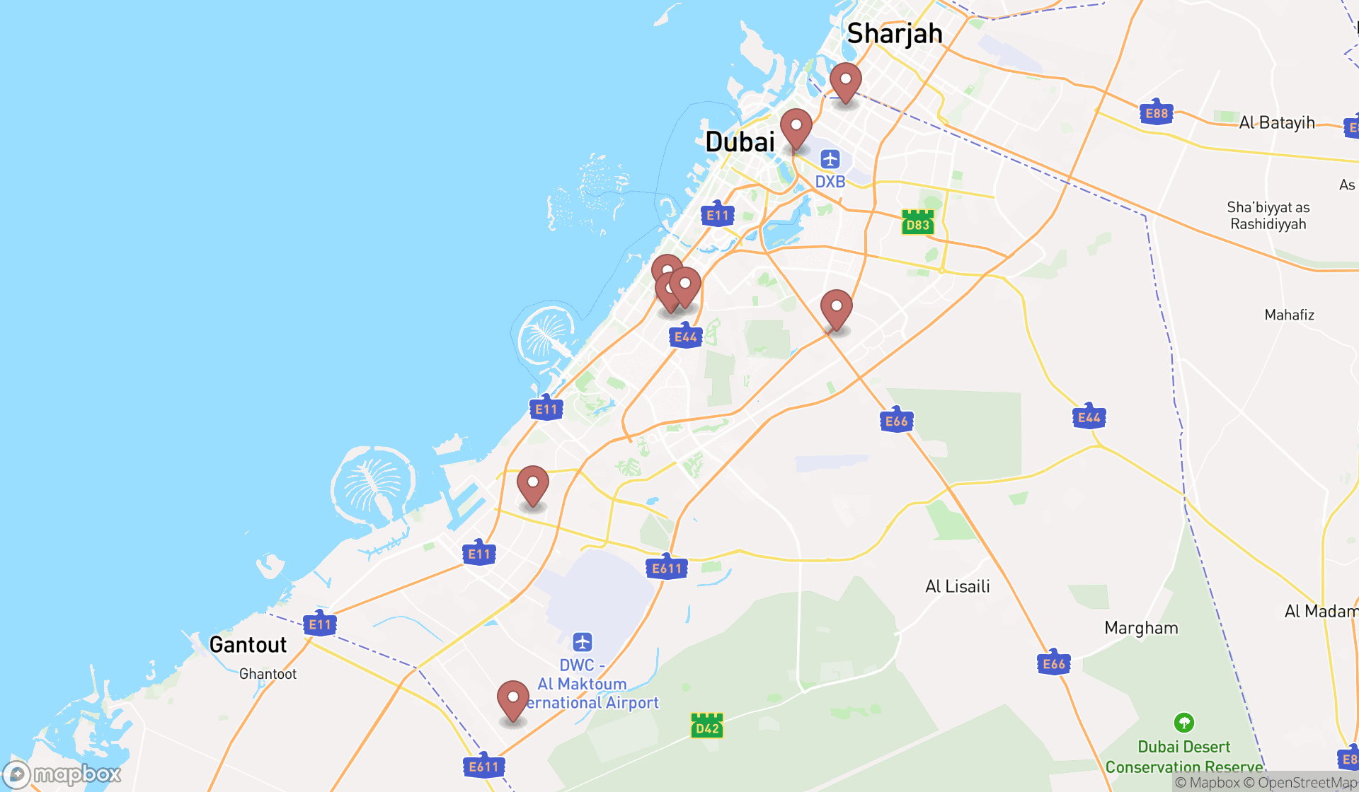 Map showing the search results in Dubai