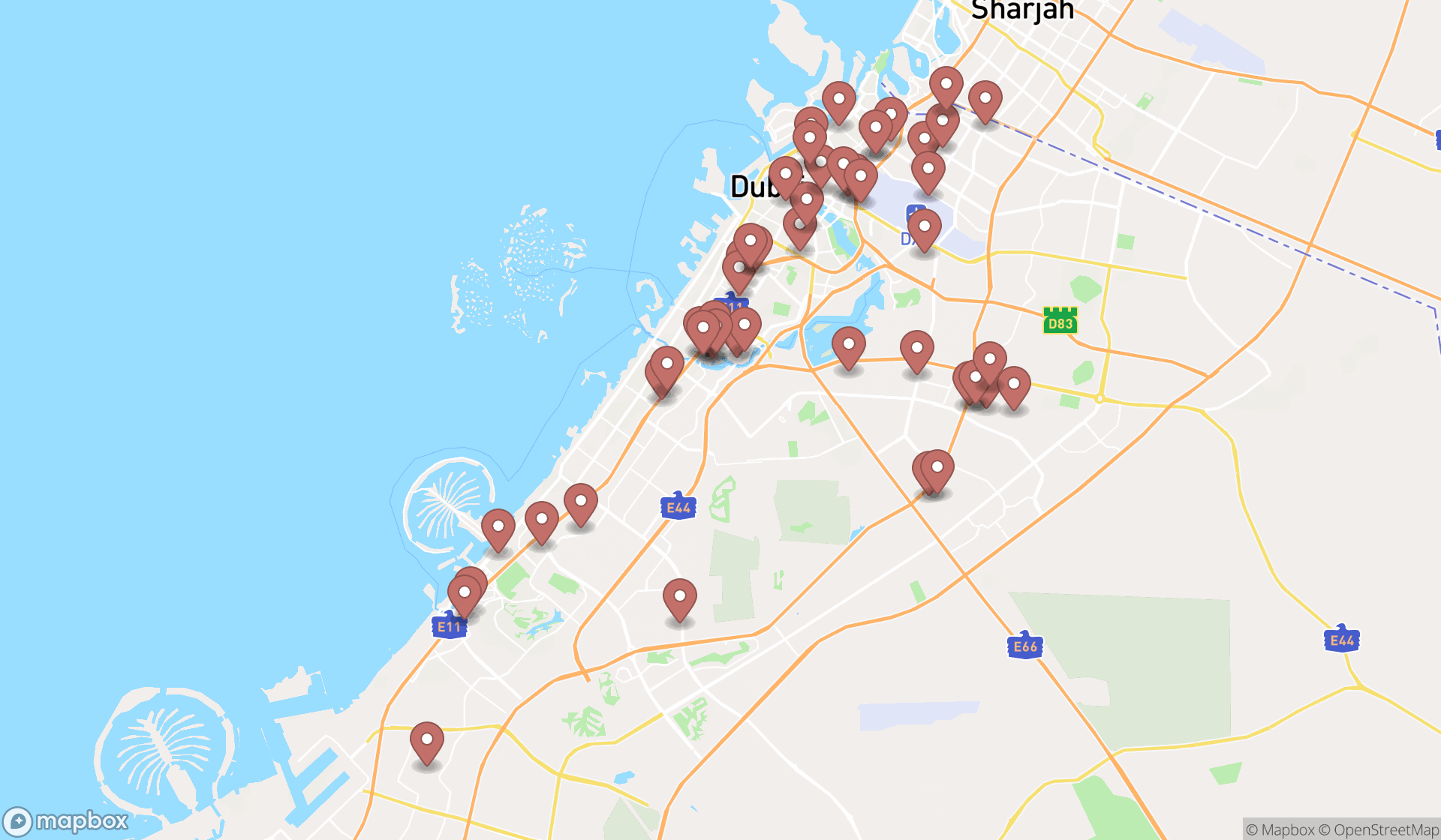 Map showing the search results in Dubai