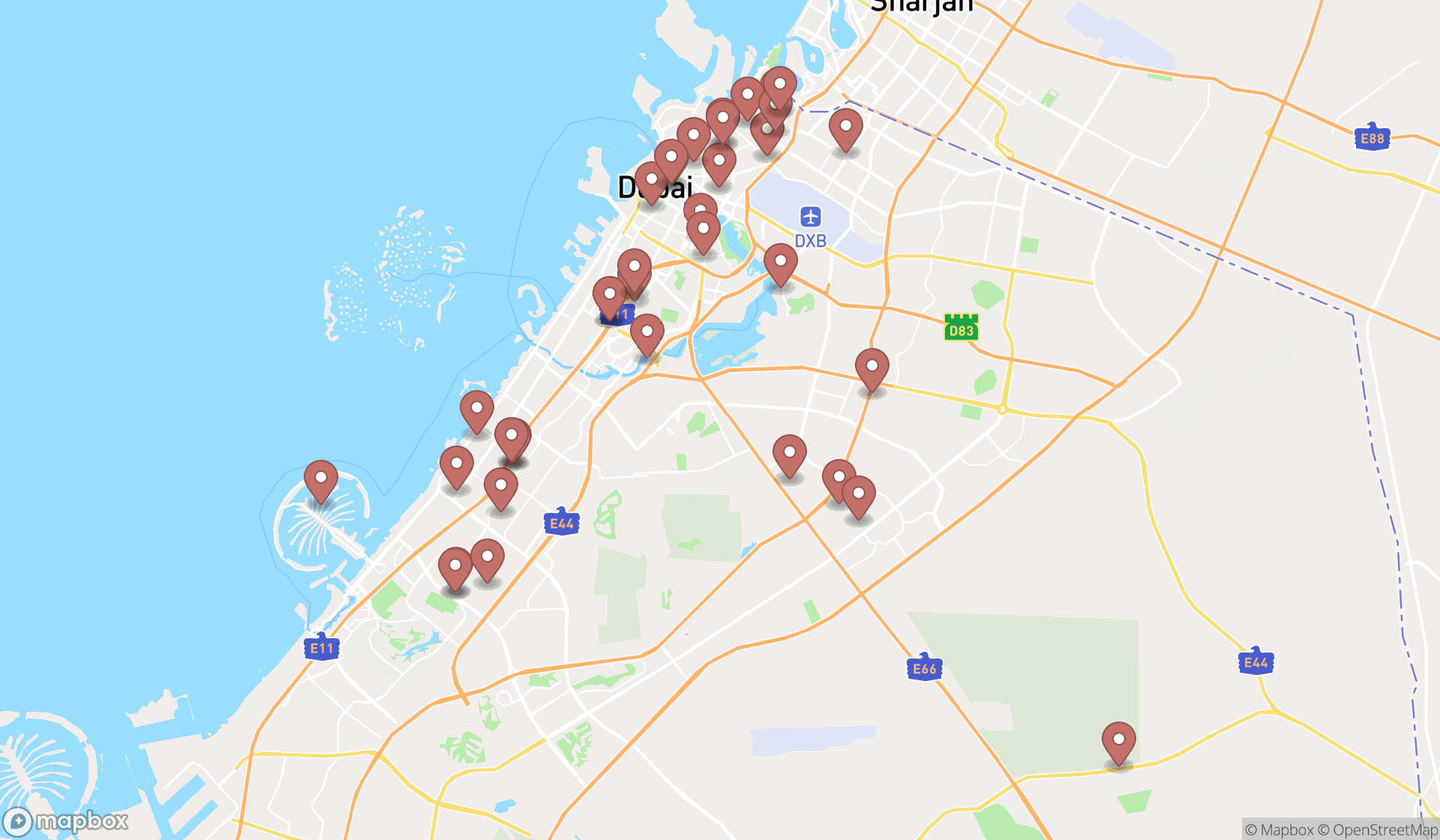 Map showing the search results in Dubai