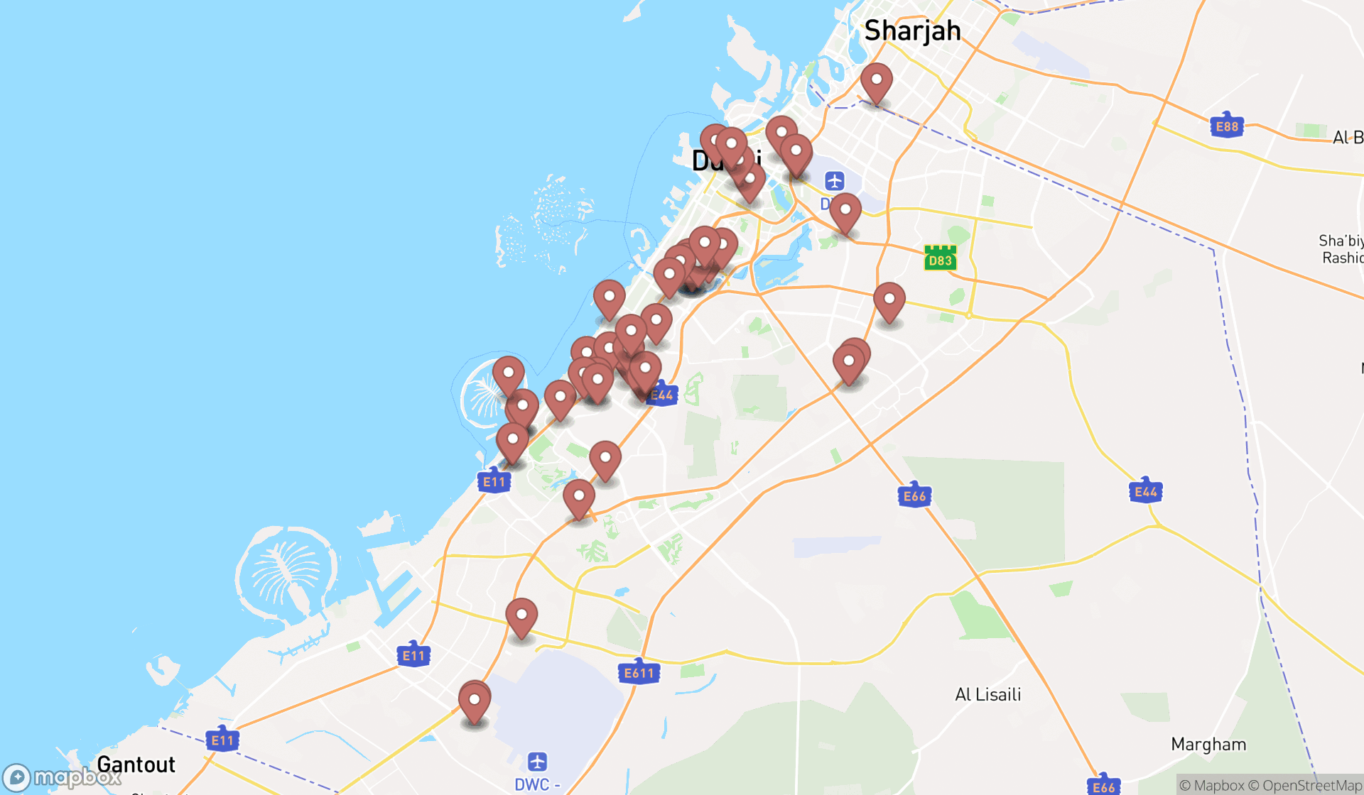 Map showing the search results in Dubai