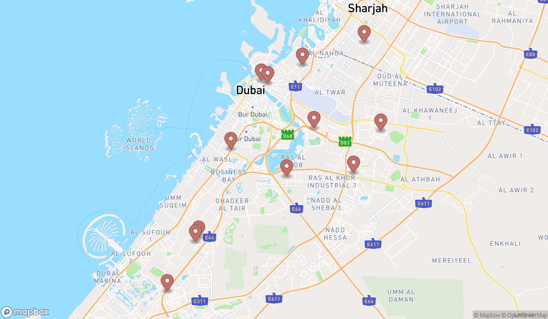 Map showing the search results in Dubai