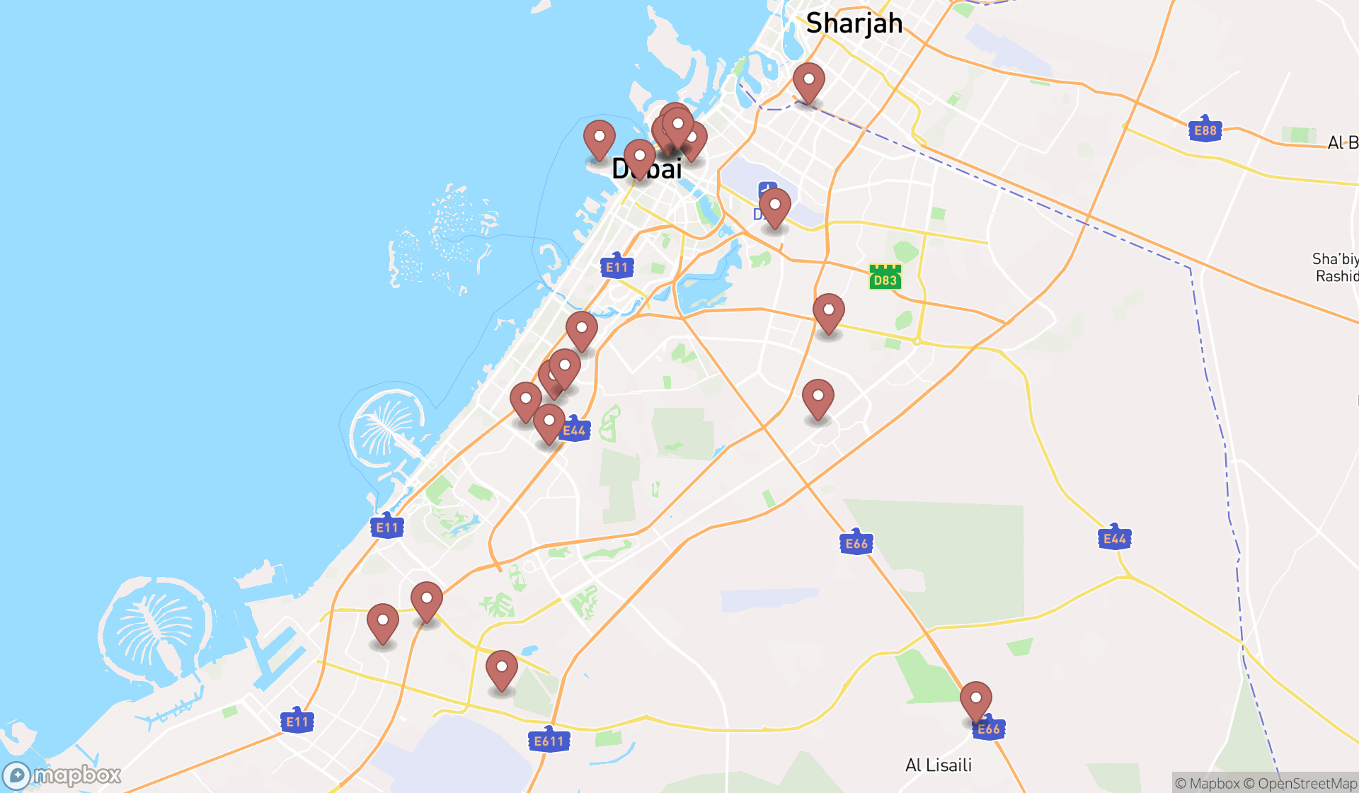 Map showing the search results in Dubai
