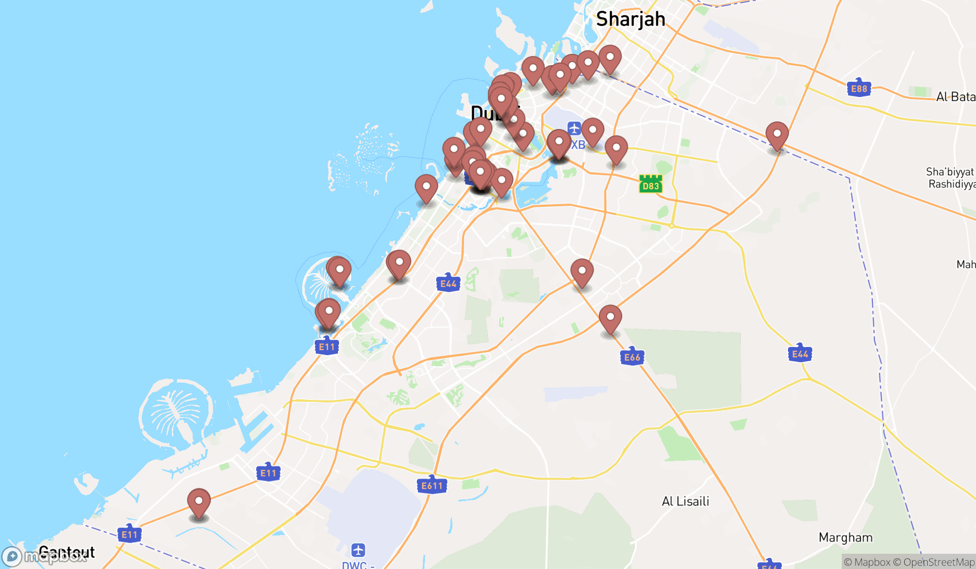 Map showing the search results in Dubai