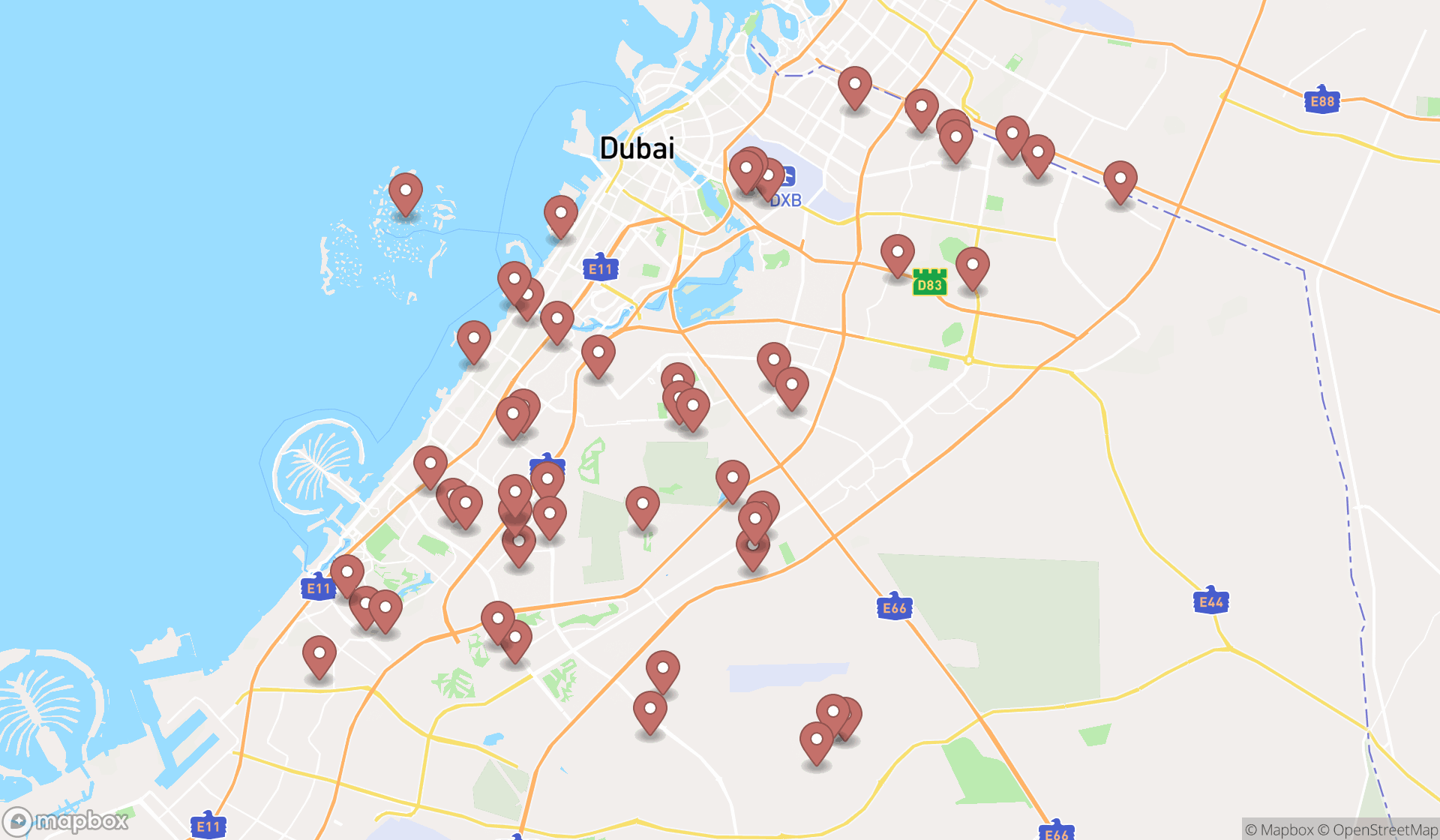 Map showing the search results in Dubai