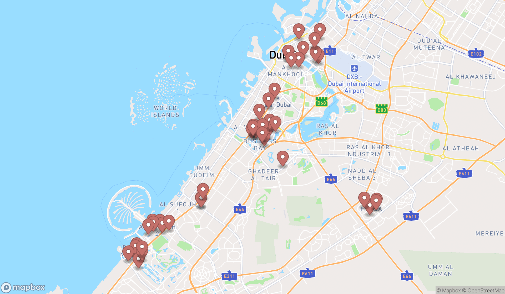 Map showing the search results in Dubai