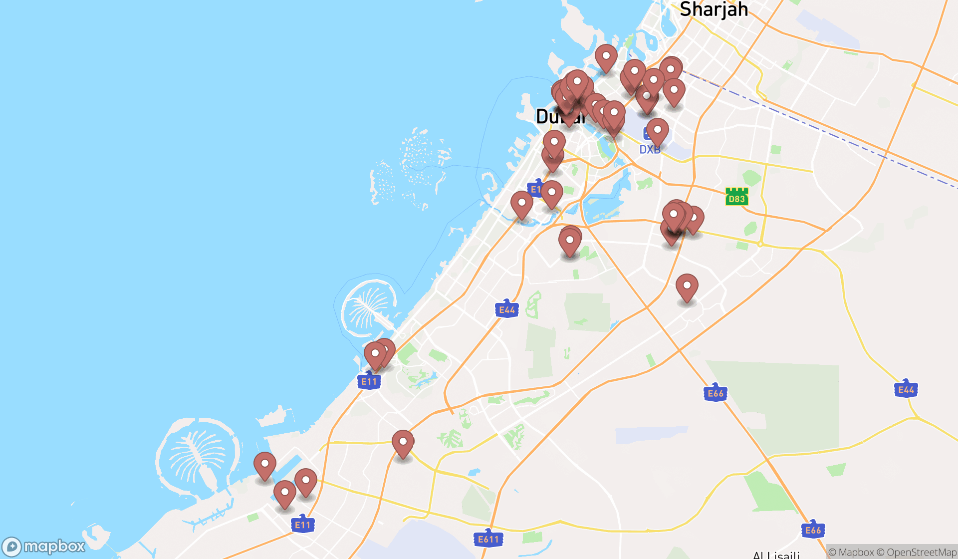Map showing the search results in Dubai