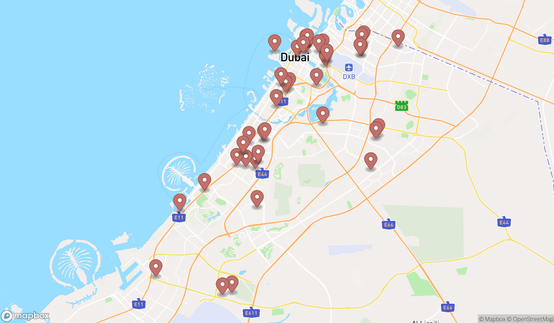 Map showing the search results in Dubai