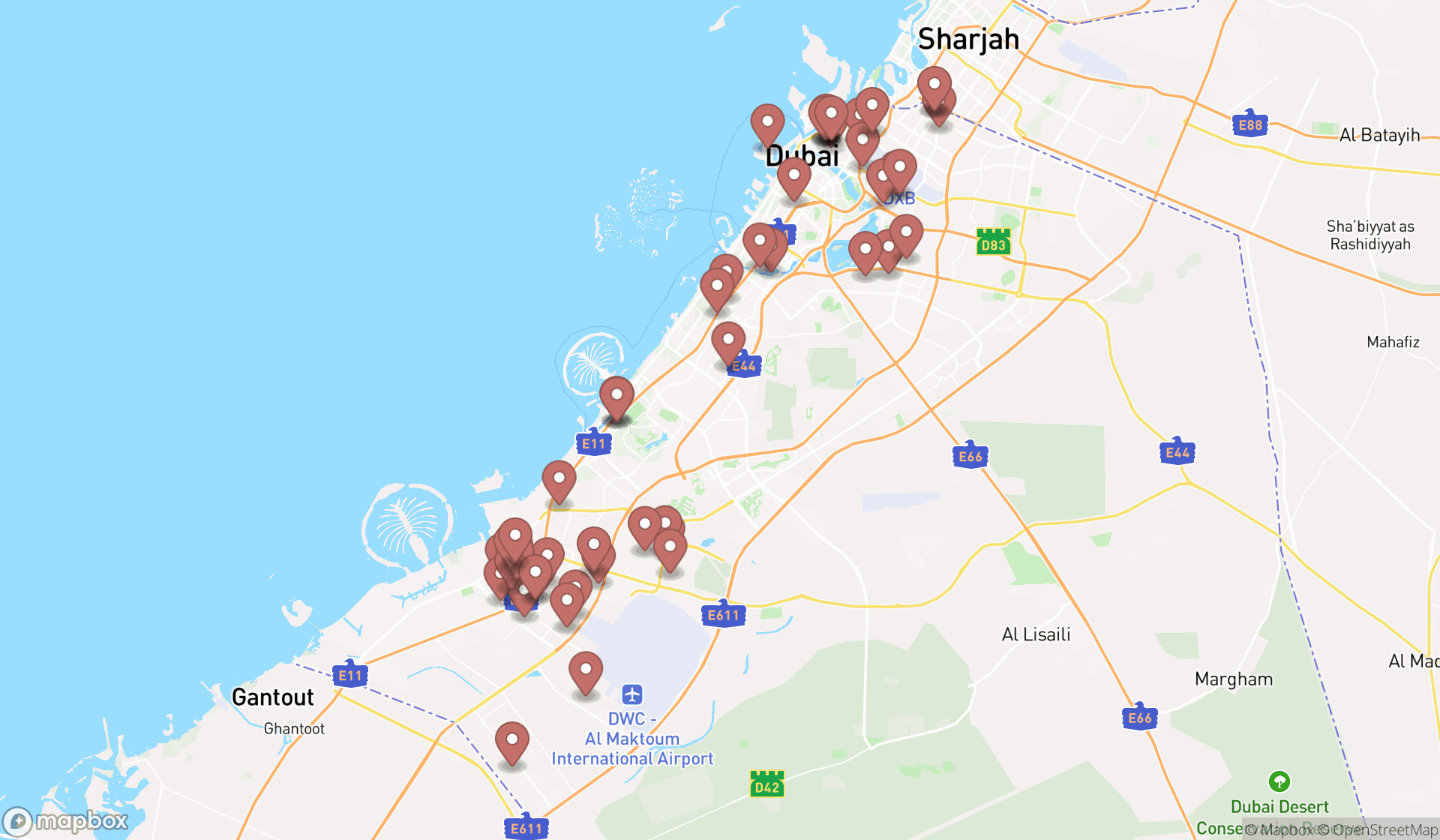 Map showing the search results in Dubai