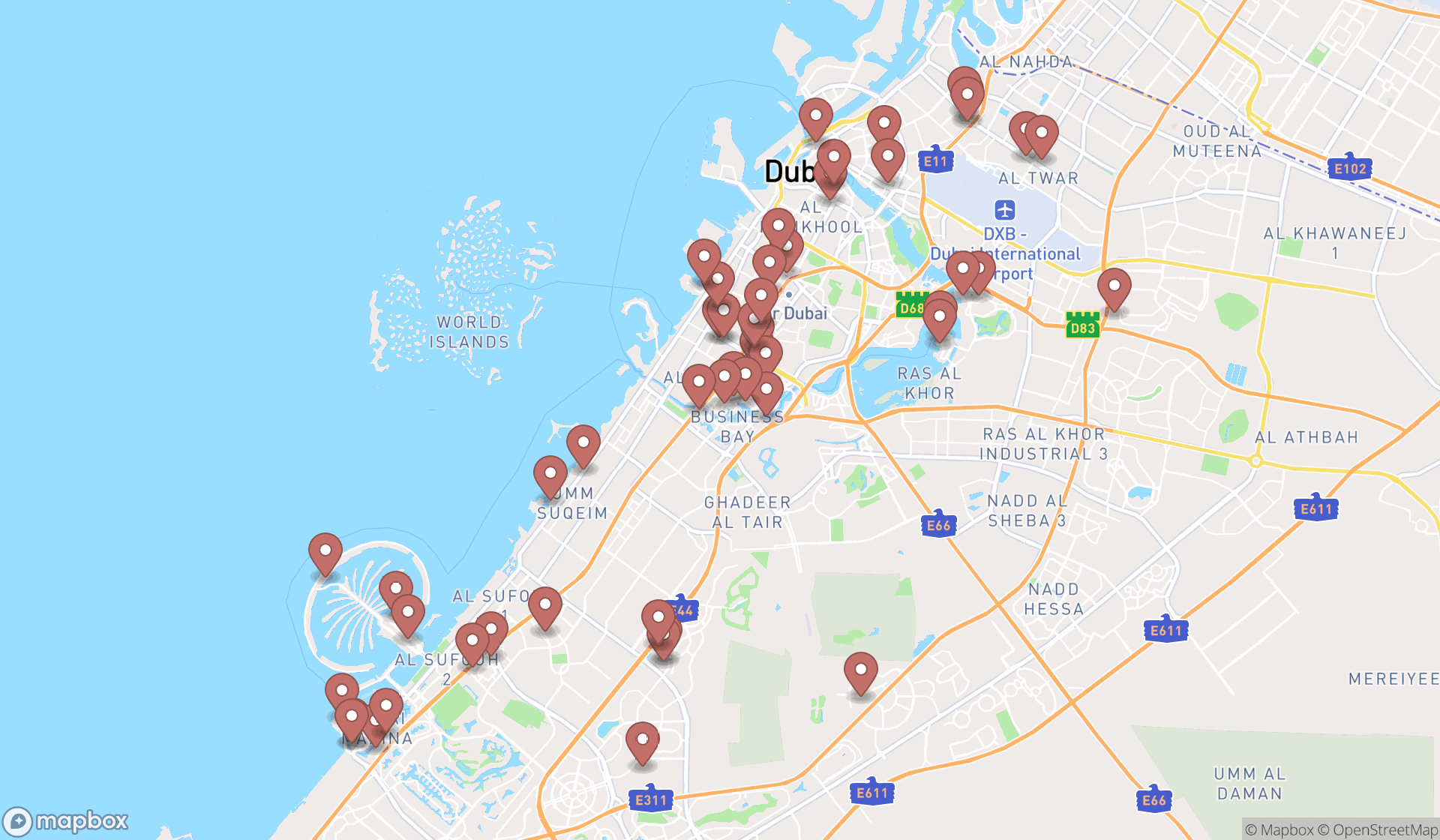Map showing the search results in Dubai
