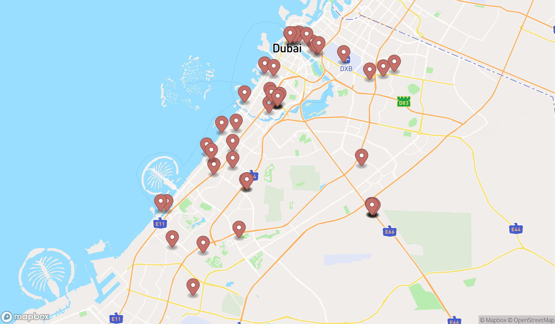 Map showing the search results in Dubai