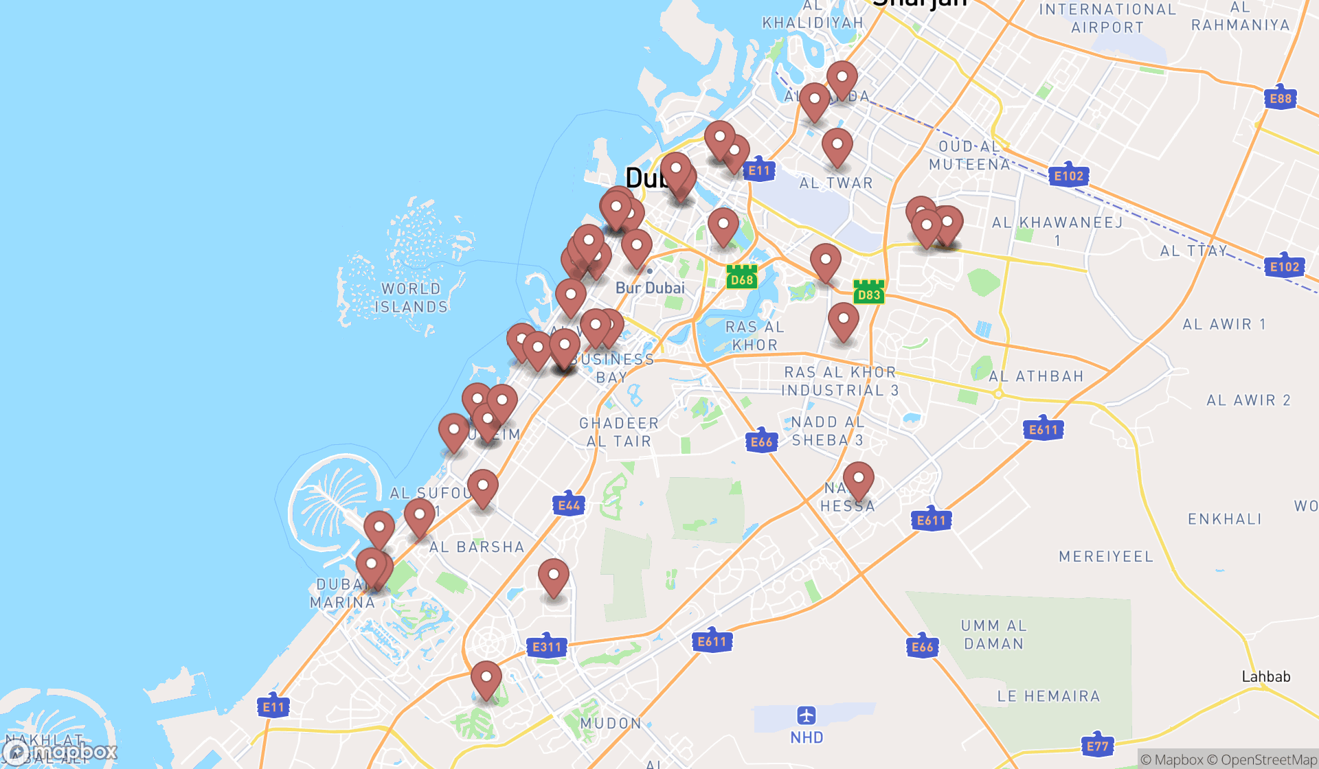 Map showing the search results in Dubai