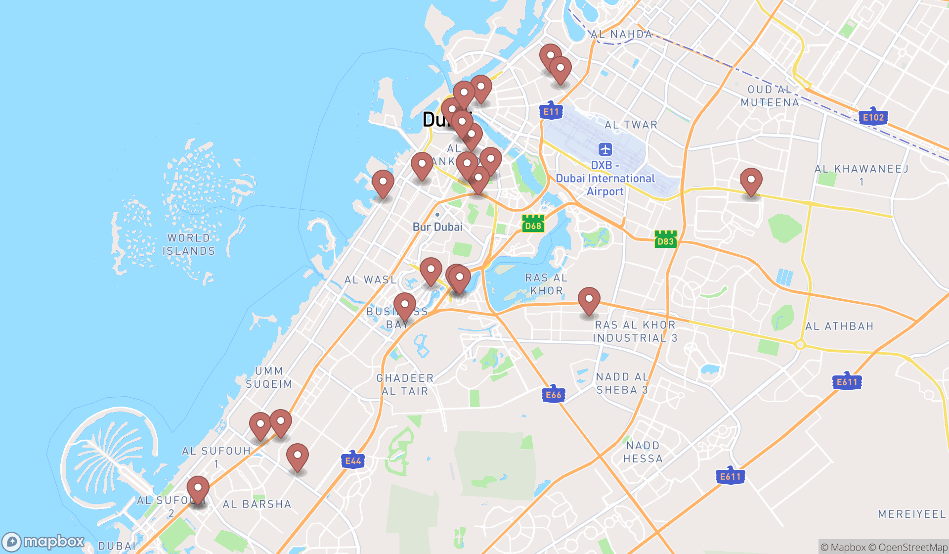 Map showing the search results in Dubai