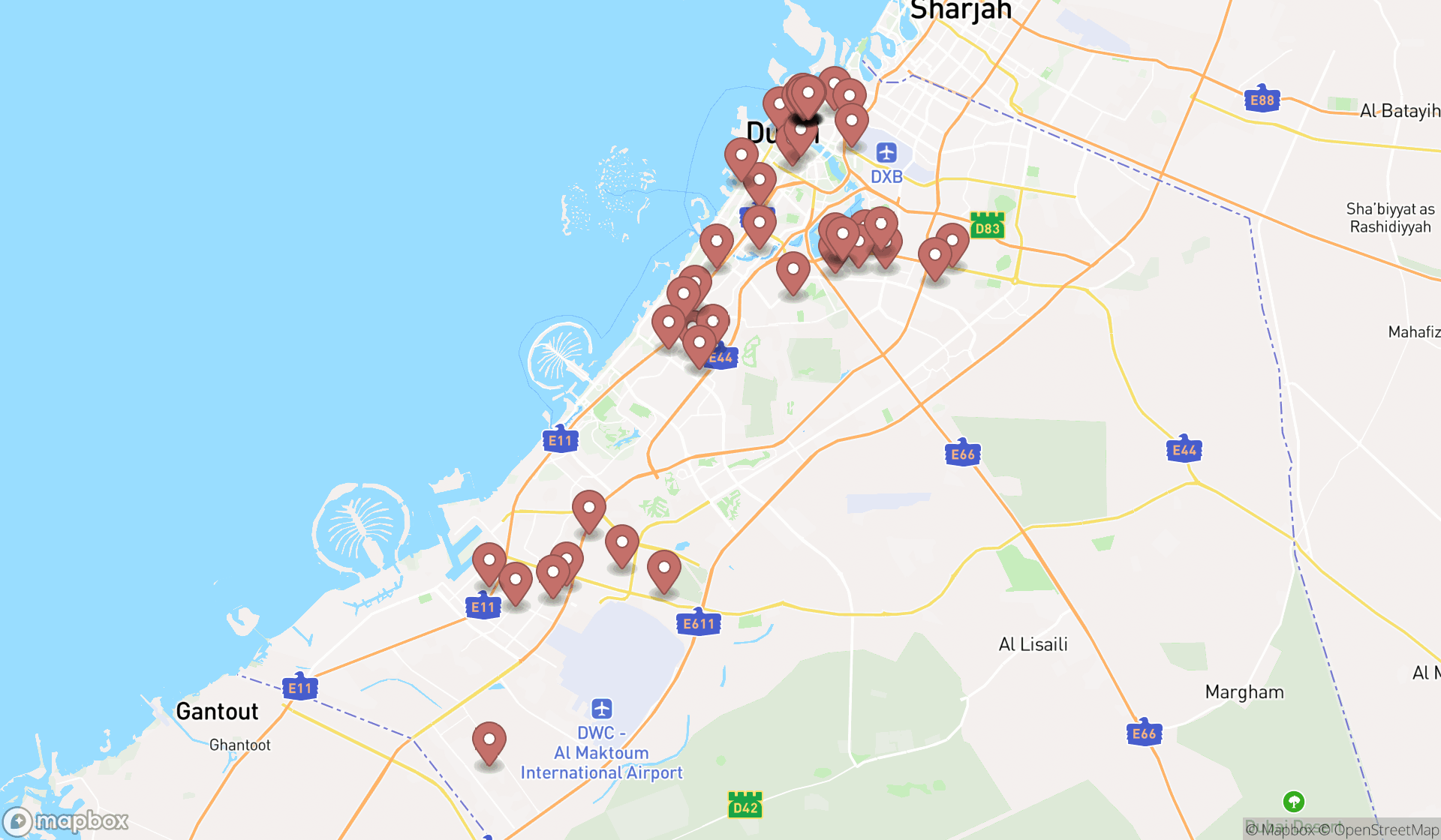 Map showing the search results in Dubai