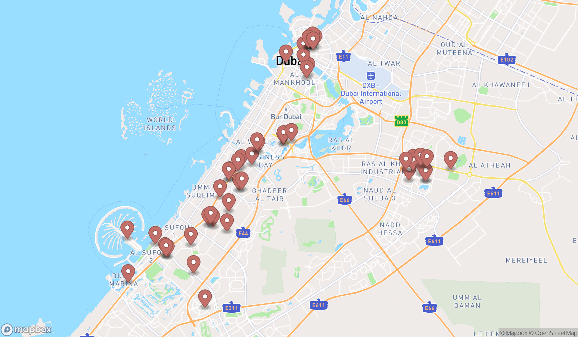 Map showing the search results in Dubai