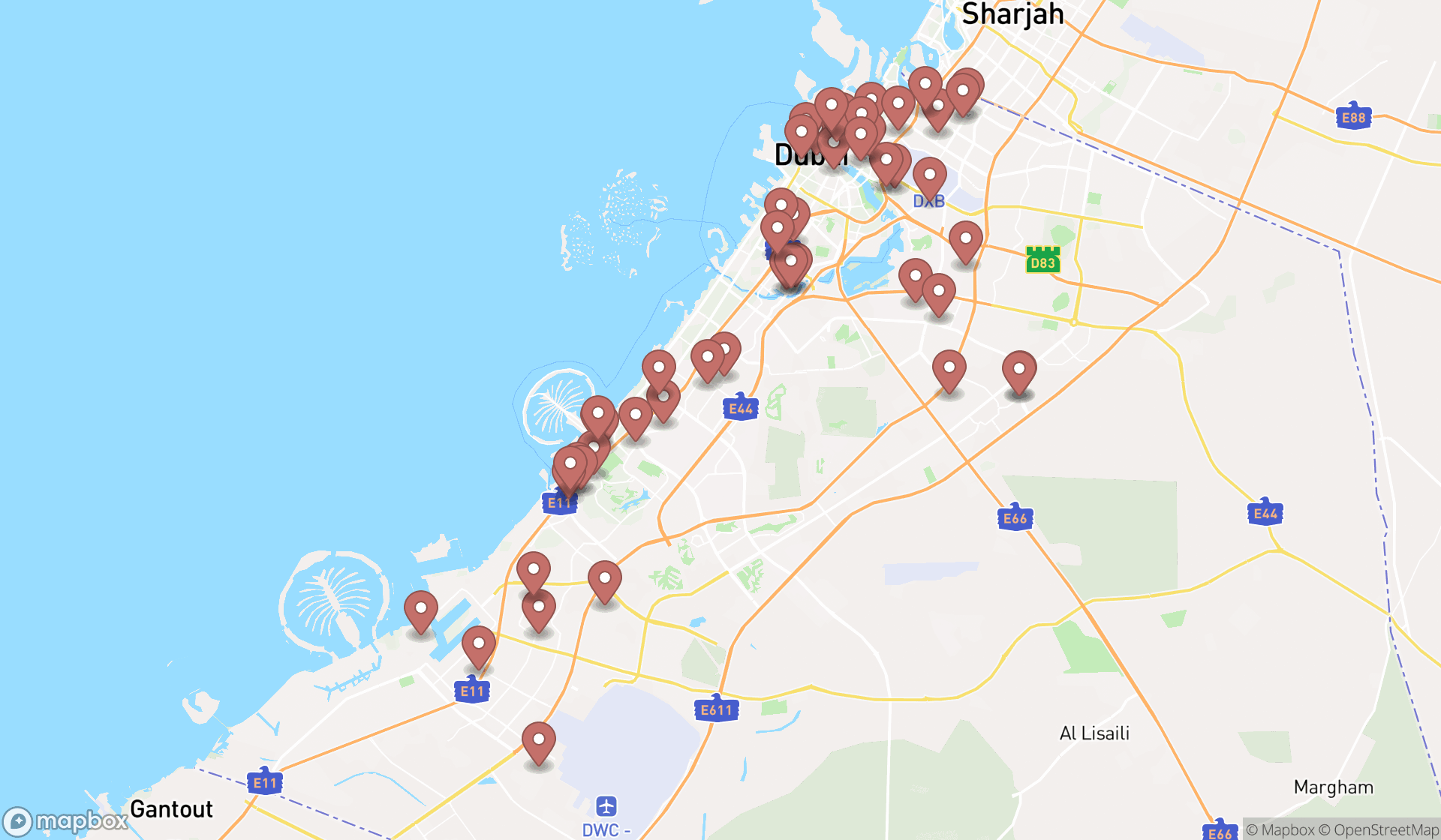 Map showing the search results in Dubai