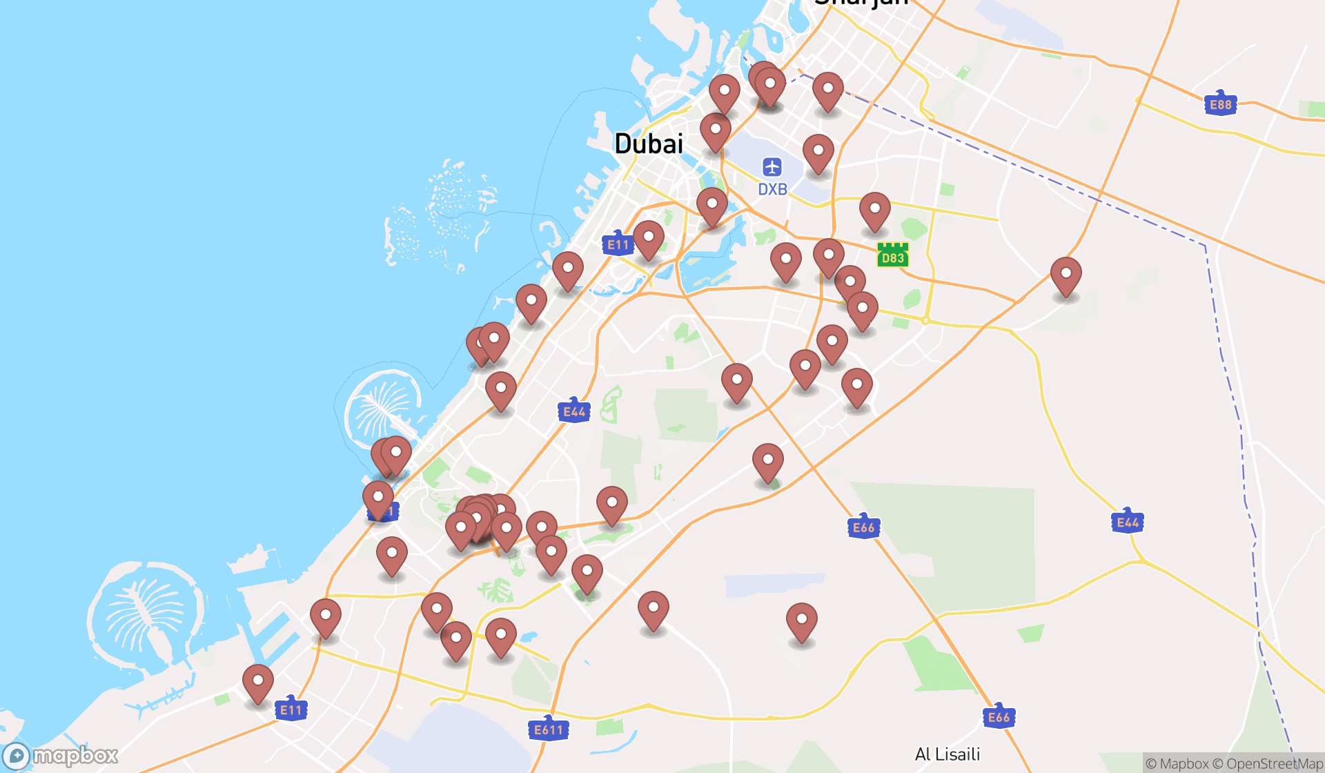 Map showing the search results in Dubai