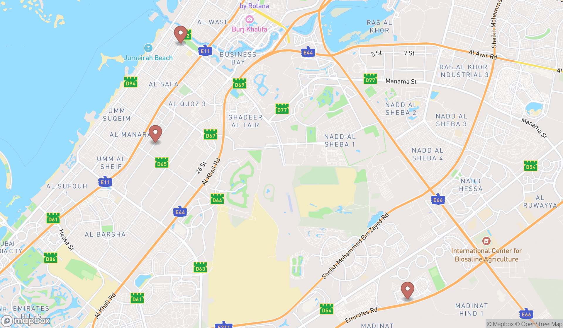 Map showing the search results in Dubai