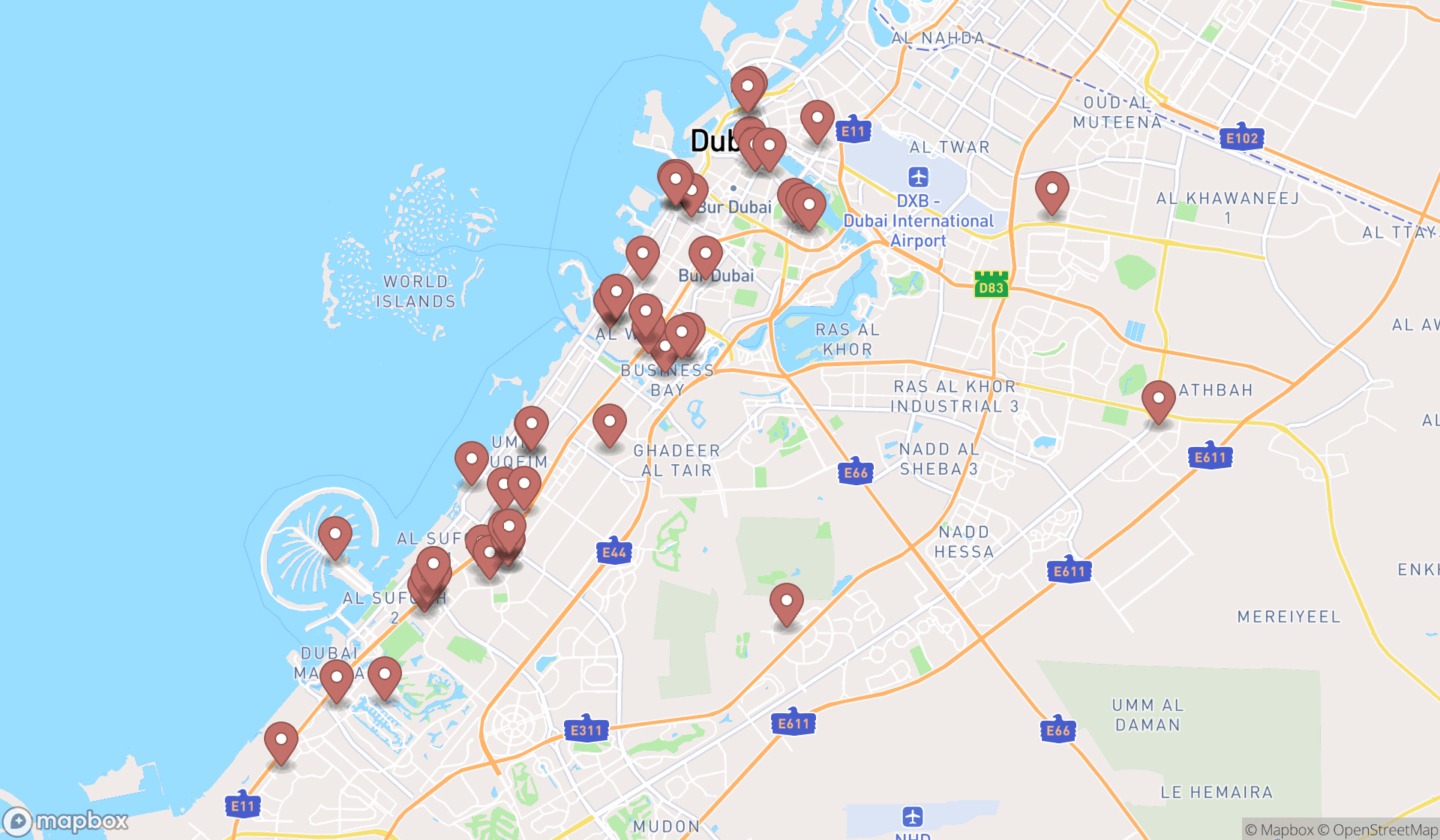 Map showing the search results in Dubai