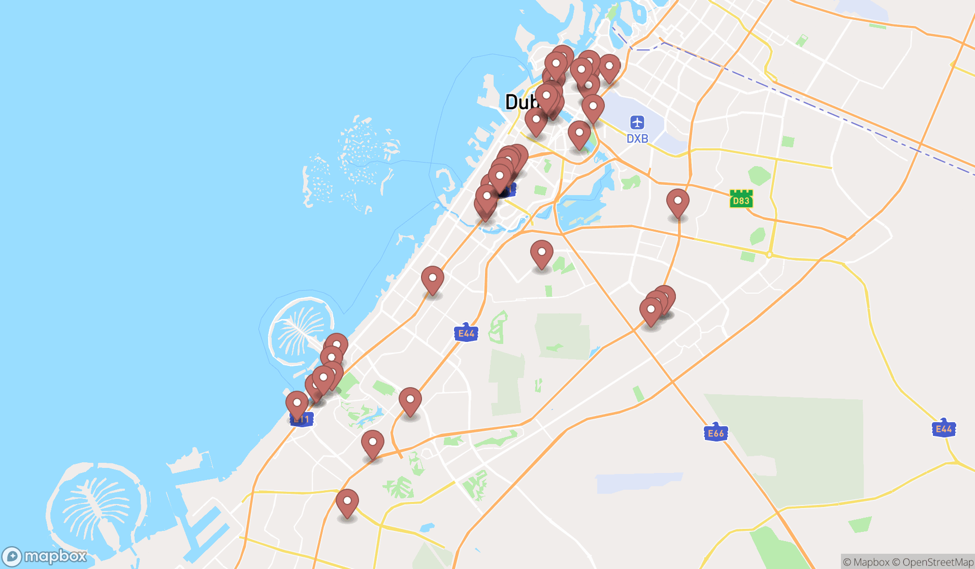 Map showing the search results in Dubai
