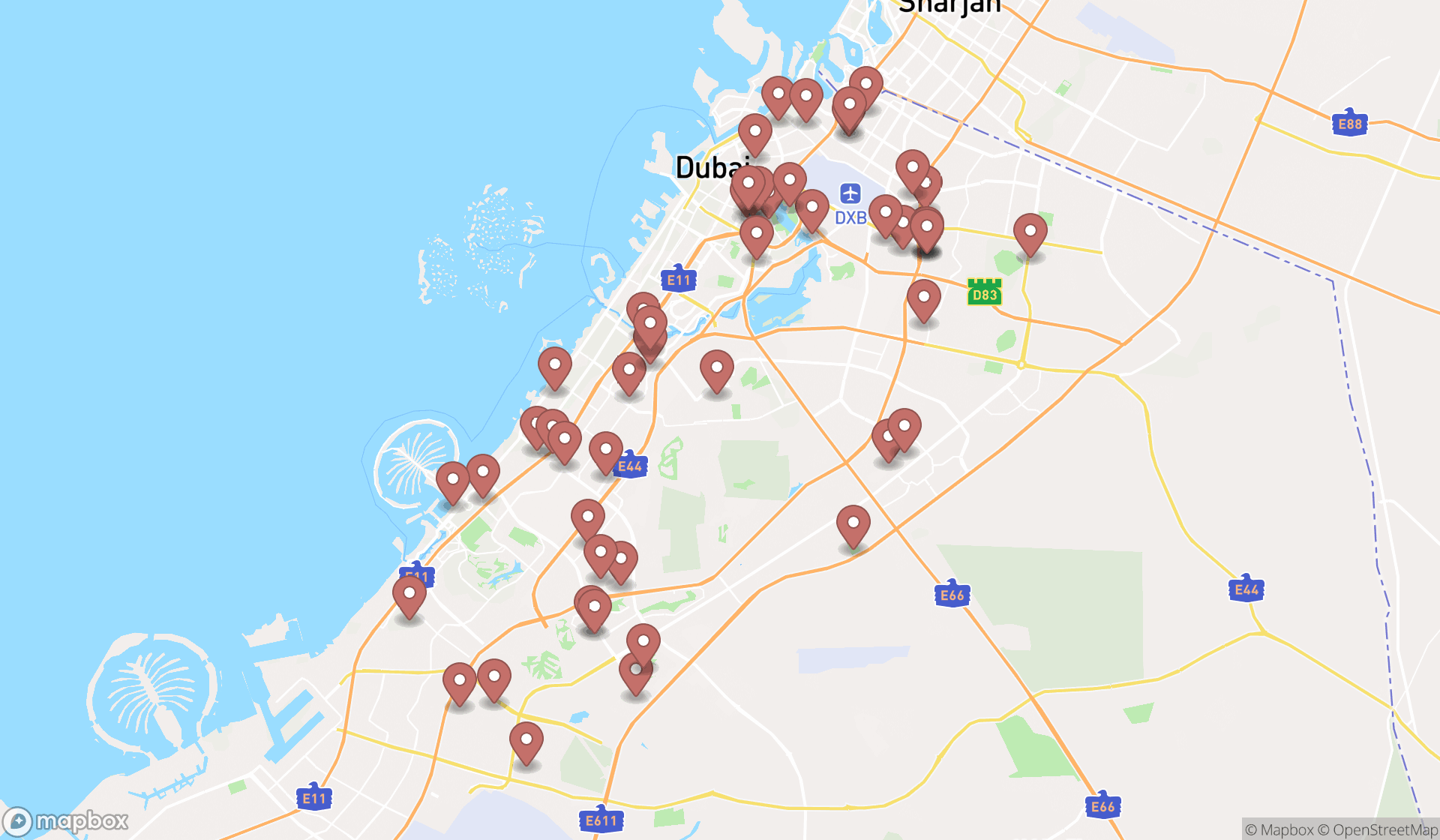 Map showing the search results in Dubai