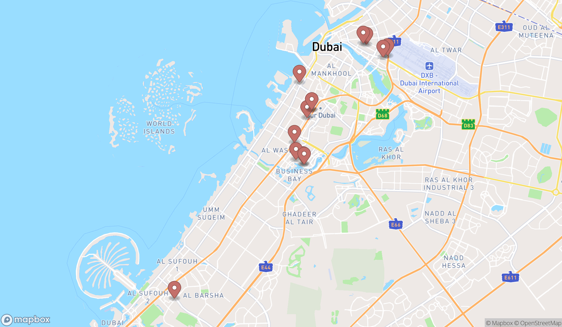 Map showing the search results in Dubai