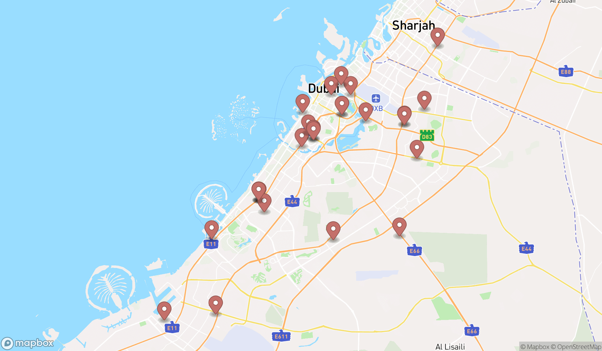 Map showing the search results in Dubai