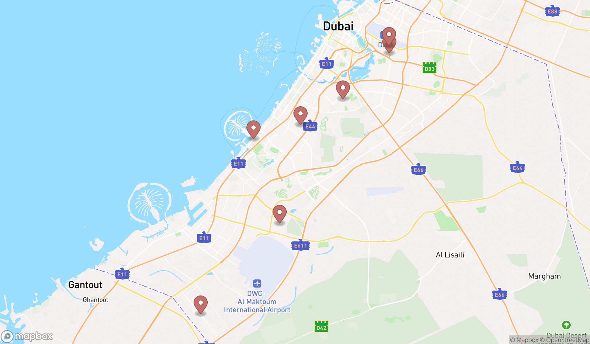 Map showing the search results in Dubai