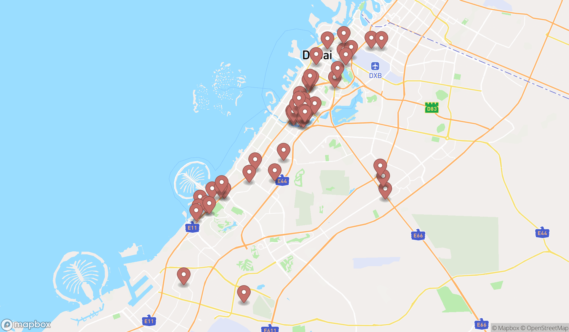 Map showing the search results in Dubai