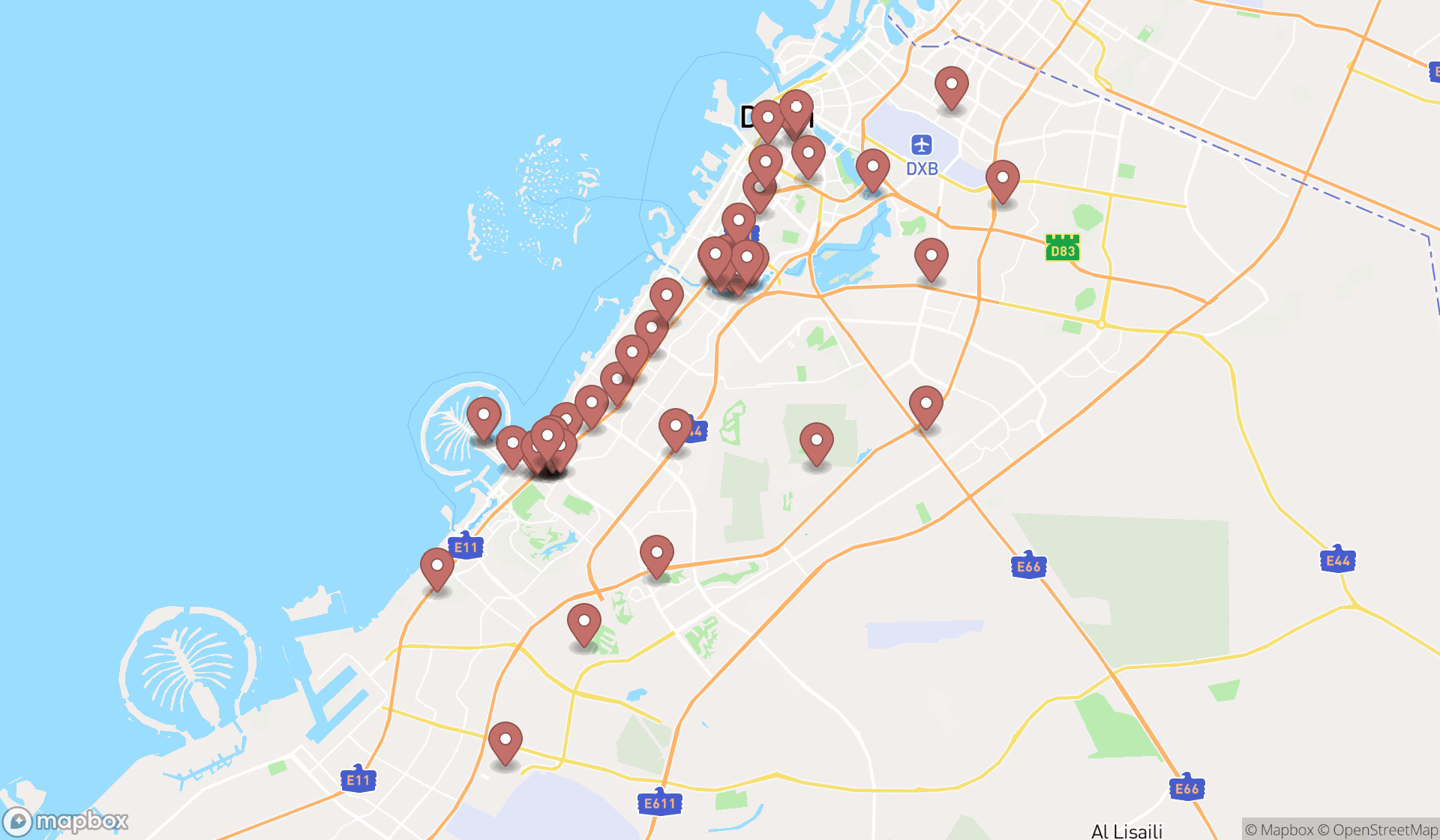 Map showing the search results in Dubai