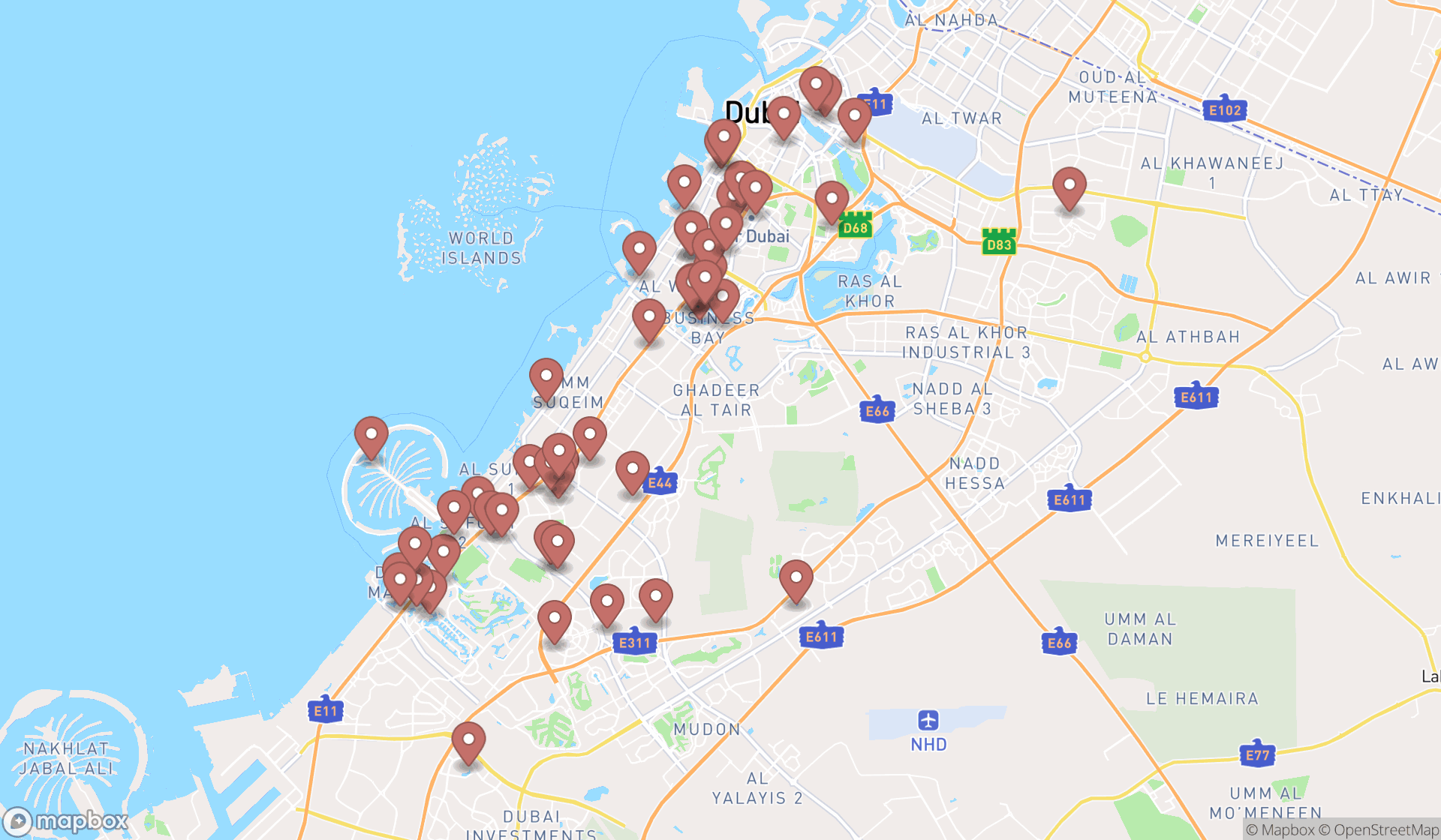 Map showing the search results in Dubai