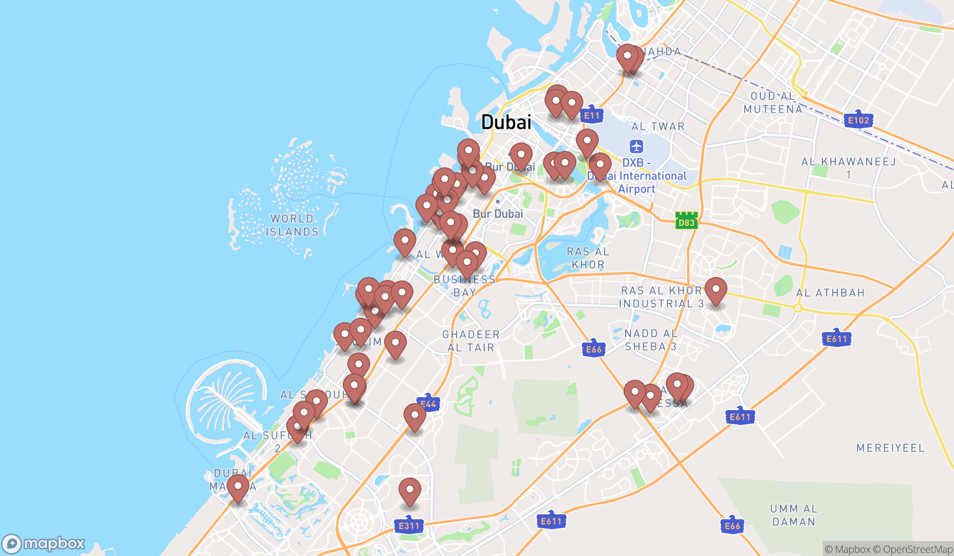 Map showing the search results in Dubai