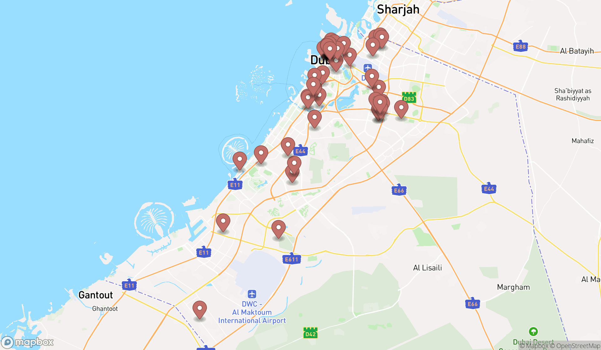 Map showing the search results in Dubai