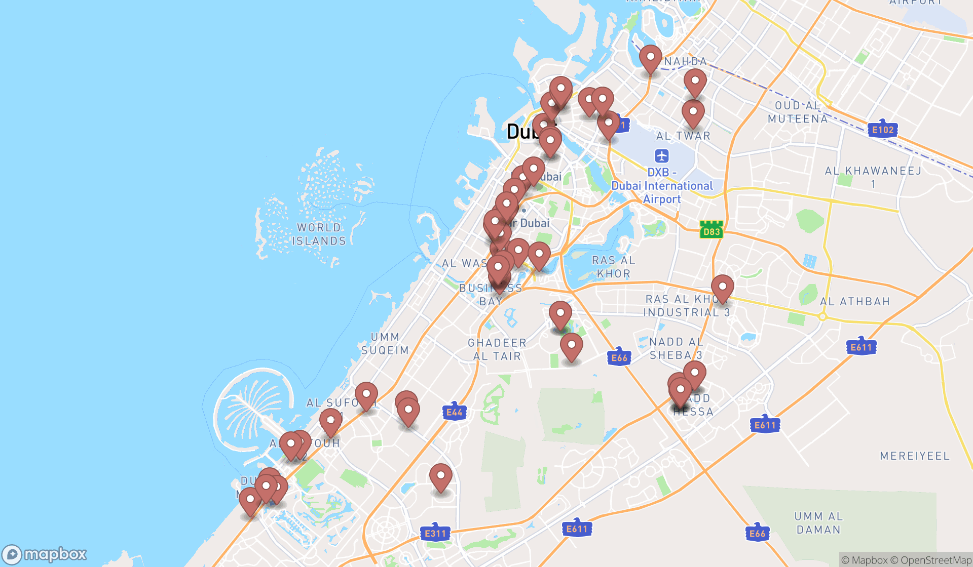Map showing the search results in Dubai