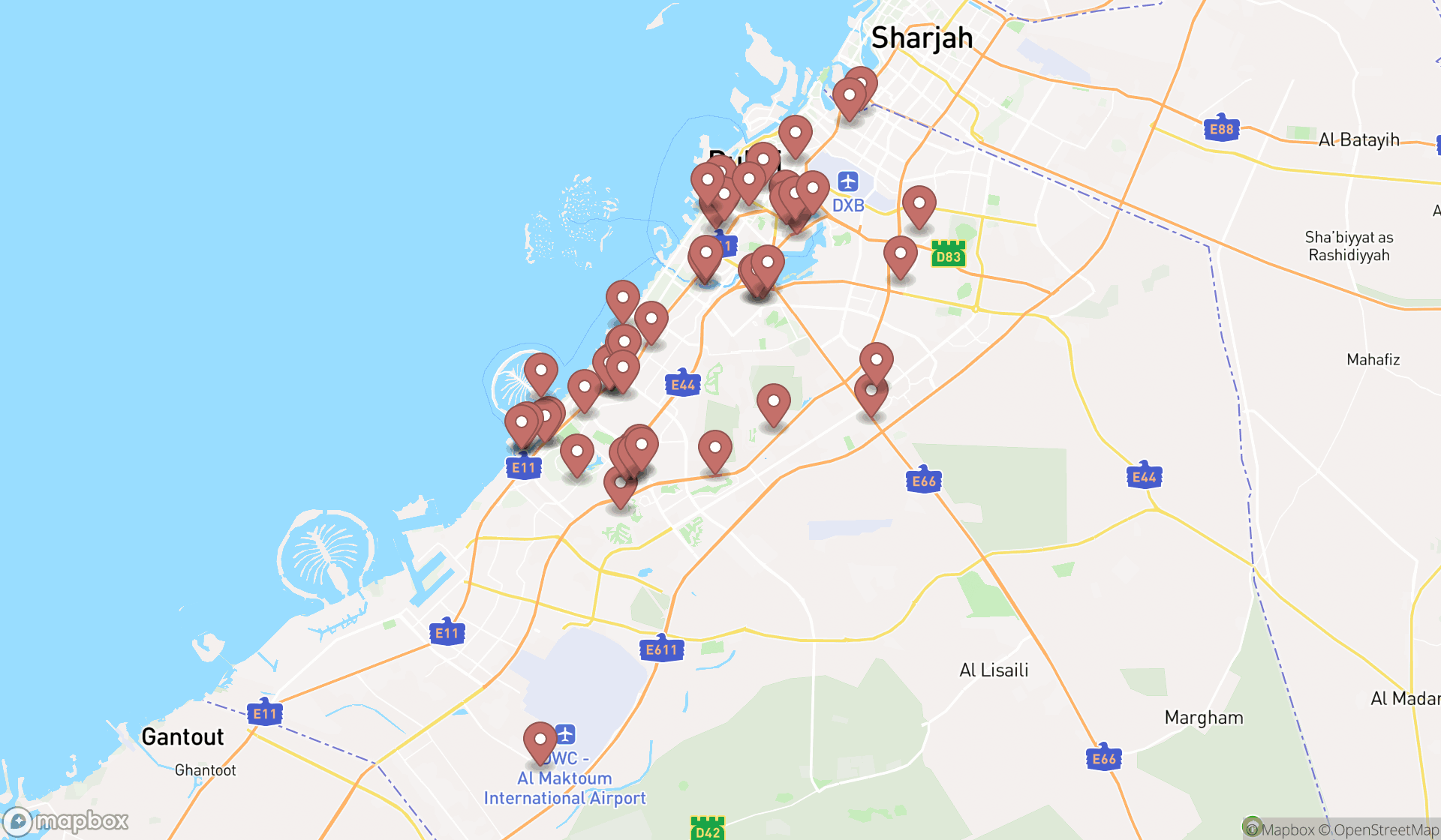 Map showing the search results in Dubai