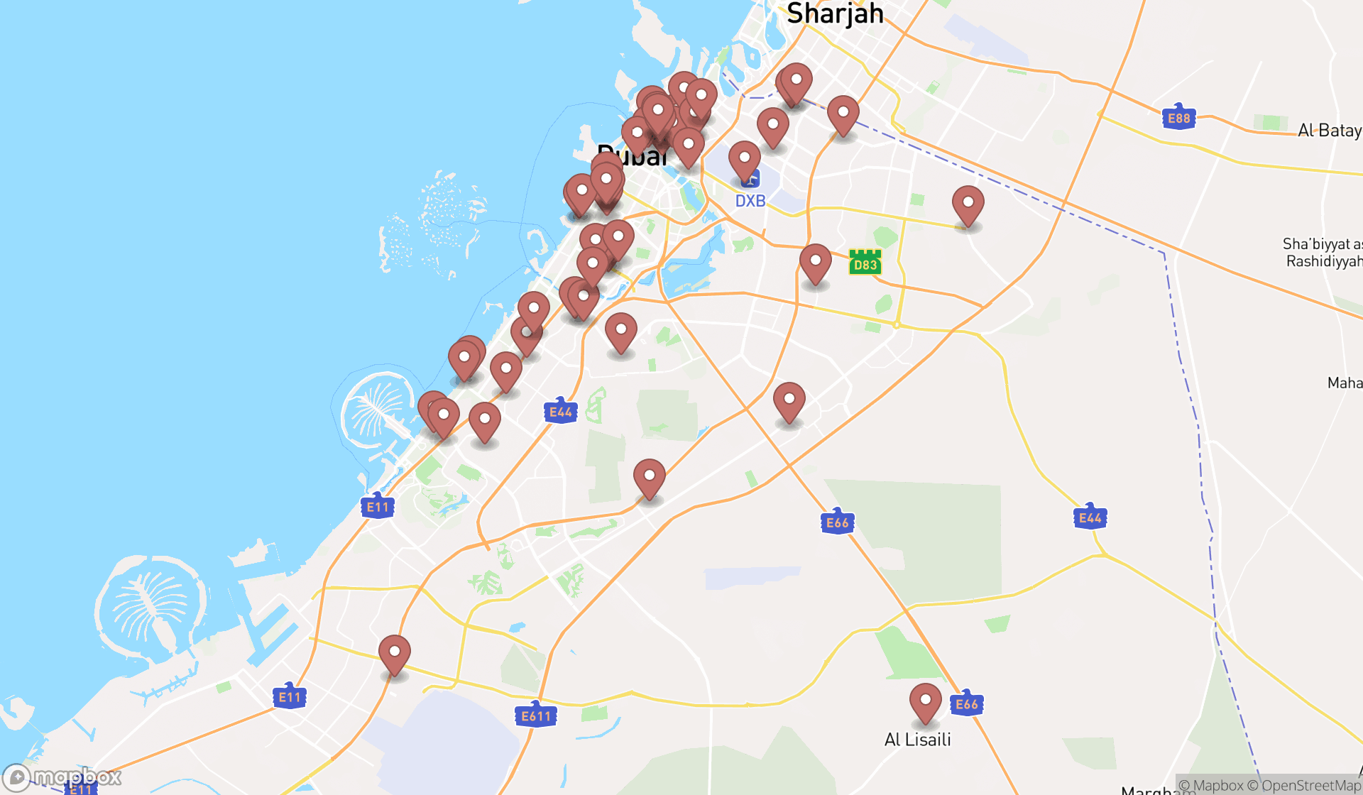 Map showing the search results in Dubai