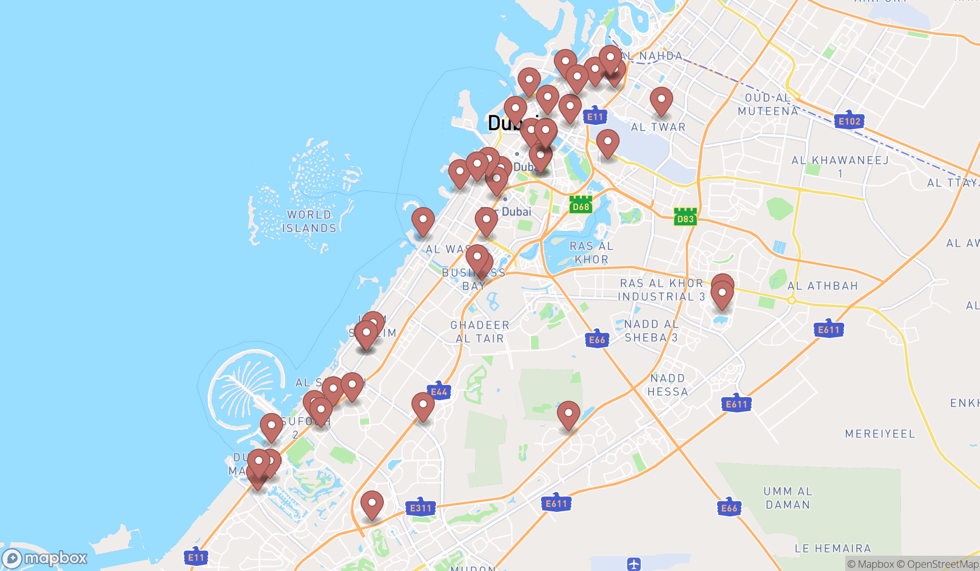 Map showing the search results in Dubai