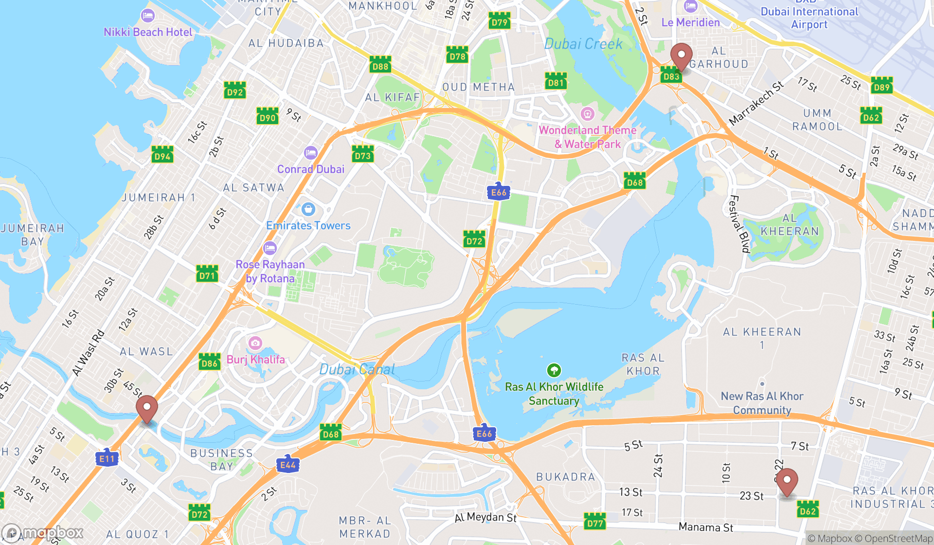 Map showing the search results in Dubai