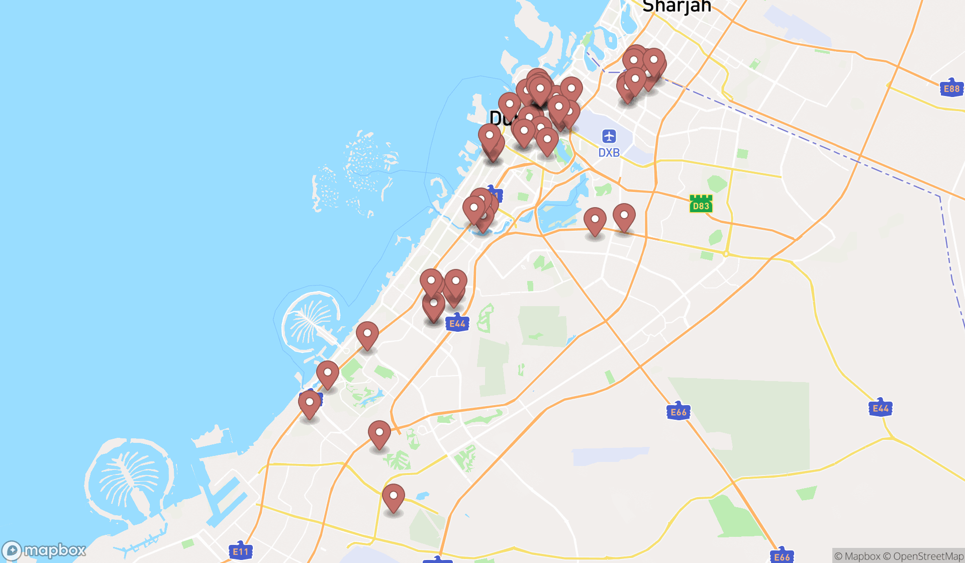 Map showing the search results in Dubai