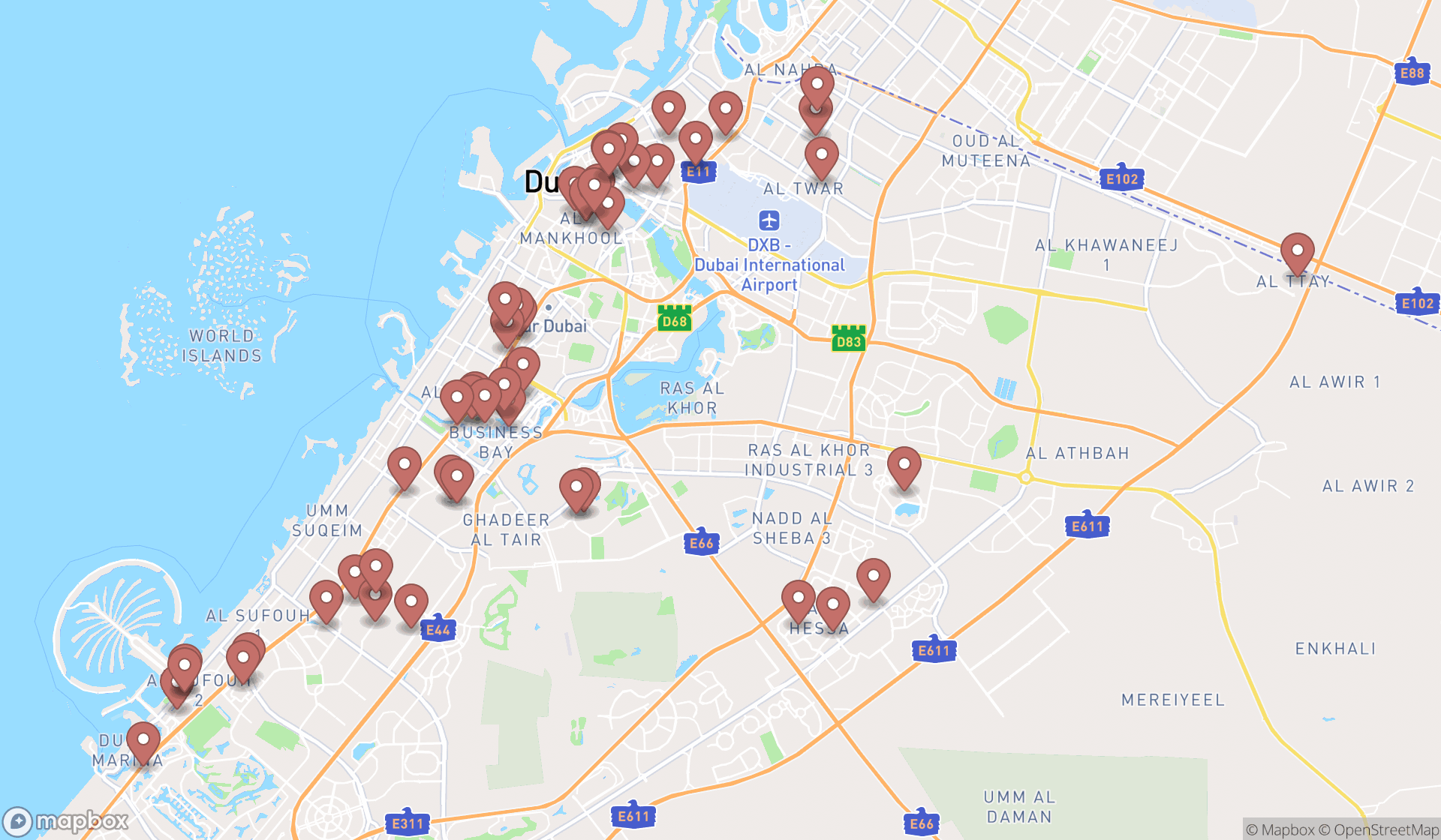 Map showing the search results in Dubai