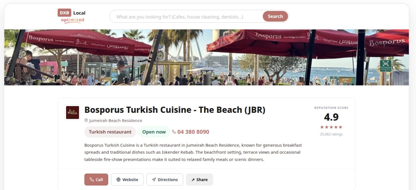 DXB Local introduction for Bosporus Turkish Cuisine showing its location, rating, description and action buttons