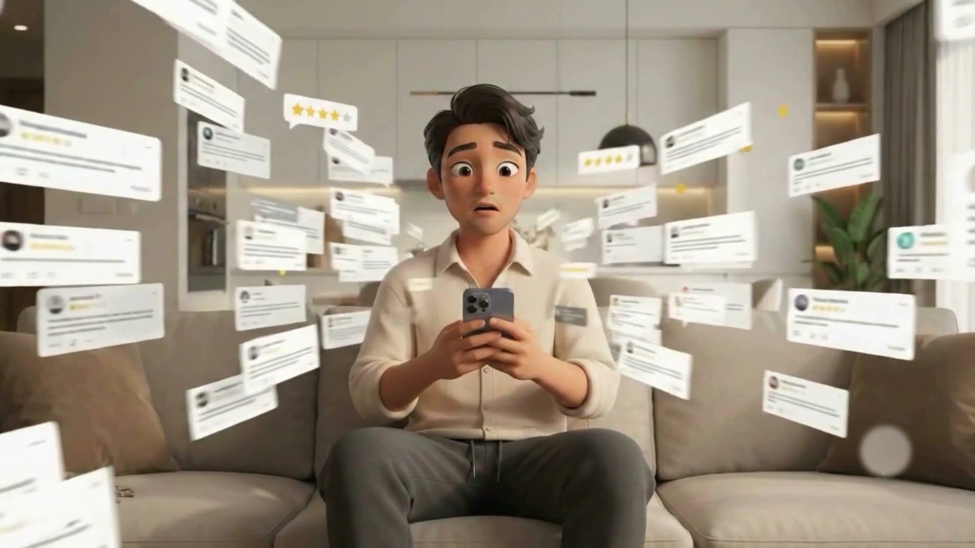 A person surrounded by many individual customer review cards