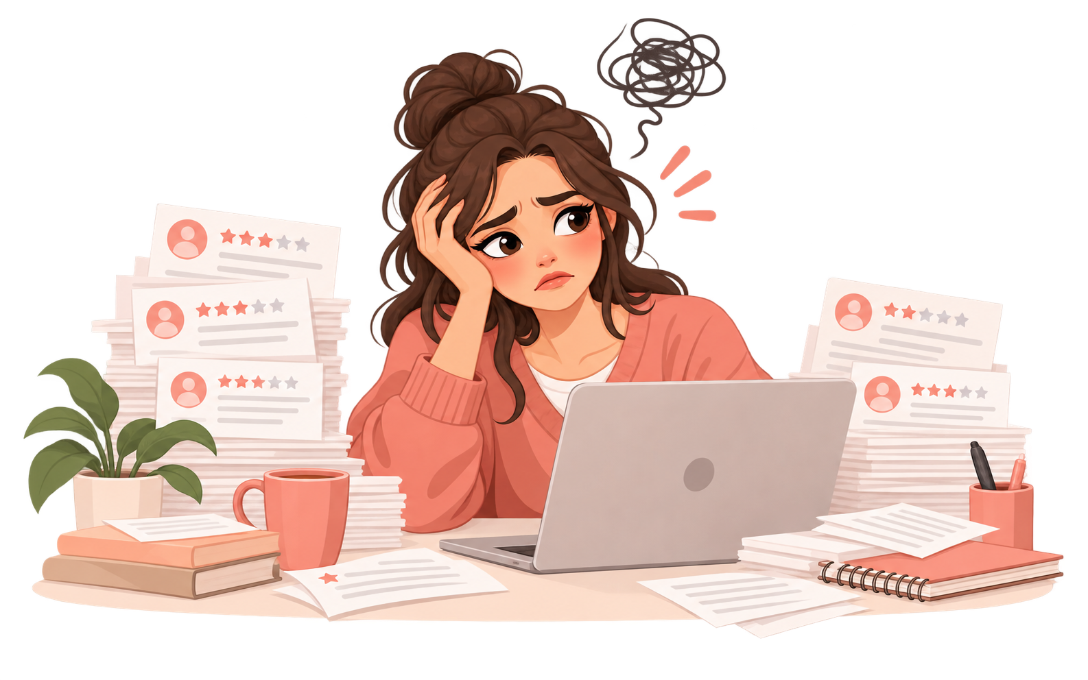 Illustration of a woman overwhelmed by reviews