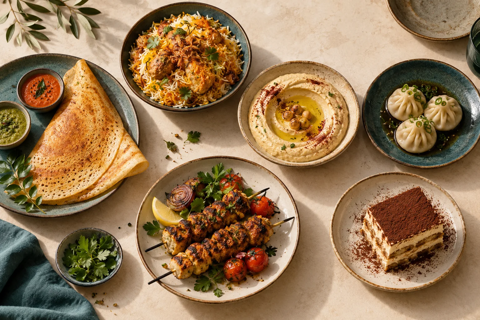 A table bringing together biryani, hummus, dumplings, dosa, grilled skewers and tiramisu.