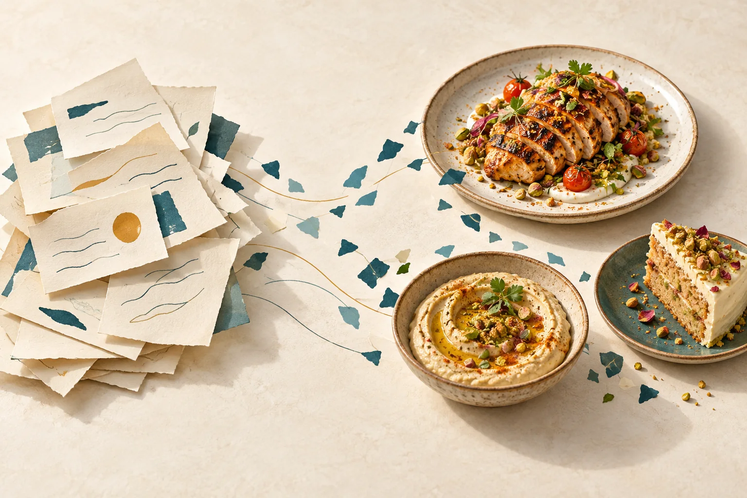 Abstract review notes leading to three food plates, illustrating the path from written experiences to dishes.