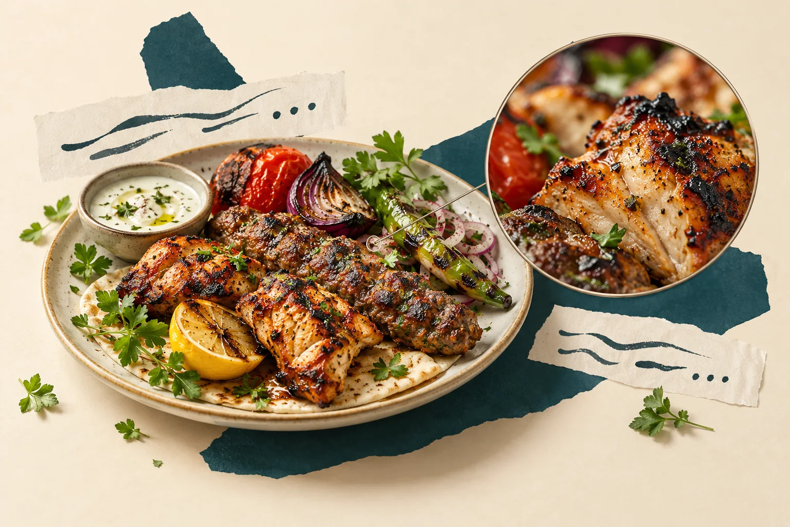 An editorial food collage looking closely at the texture of a grilled dish.